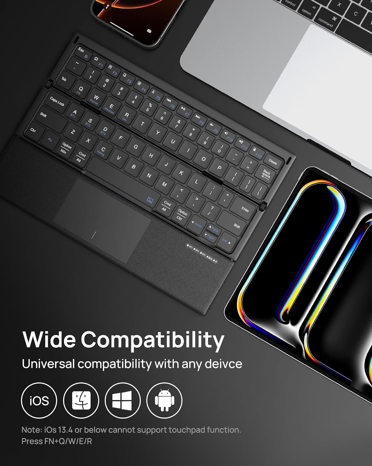 SODI Portable Tri-Fold Bluetooth Keyboard with Touchpad, Full Size Keys, Wireless Folding Travel Keyboard, Multi-Device Rechargeable for iPad, iPhone, Android, Windows, Mac