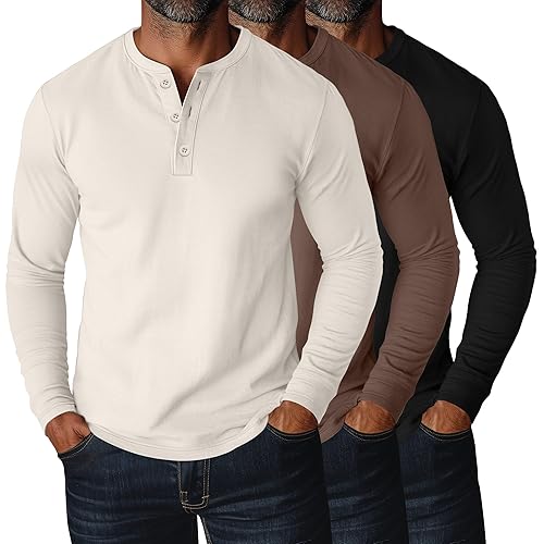 Ficerd 3 Pack Men's Big and Tall Henley T-Shirts Long Sleeve Plus Size Cotton Blend Tee Loose Fit Casual Fall Basic Tops - Beige, Mocha, Black - 4X-Large
