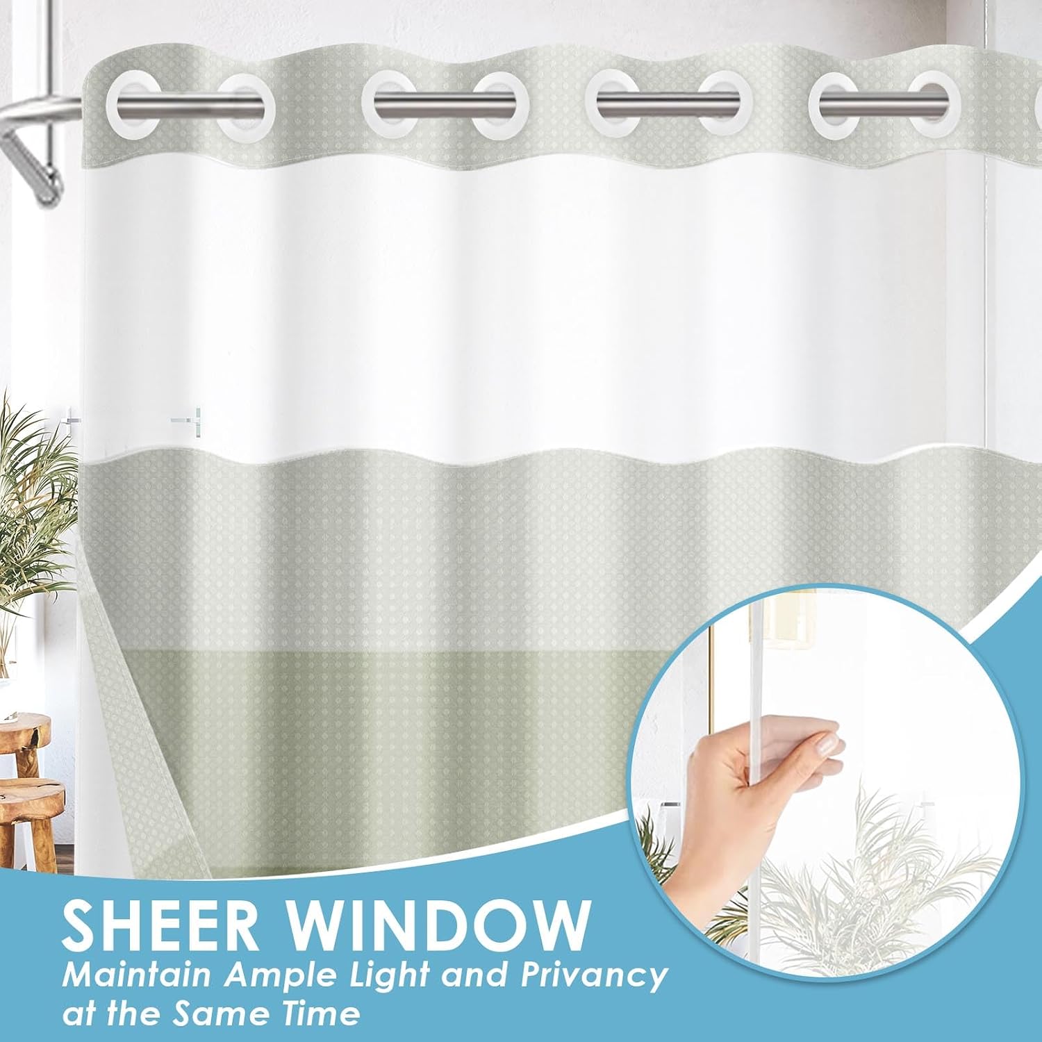 No Hook Shower Curtain with Snap in Fabric Liner Set, Waffle Weave Green Ombre Striped Heavy Duty Bathroom Curtain Set Sheer Mesh Top Waterproof Double Layers Hotel Style, 71x74 Inch