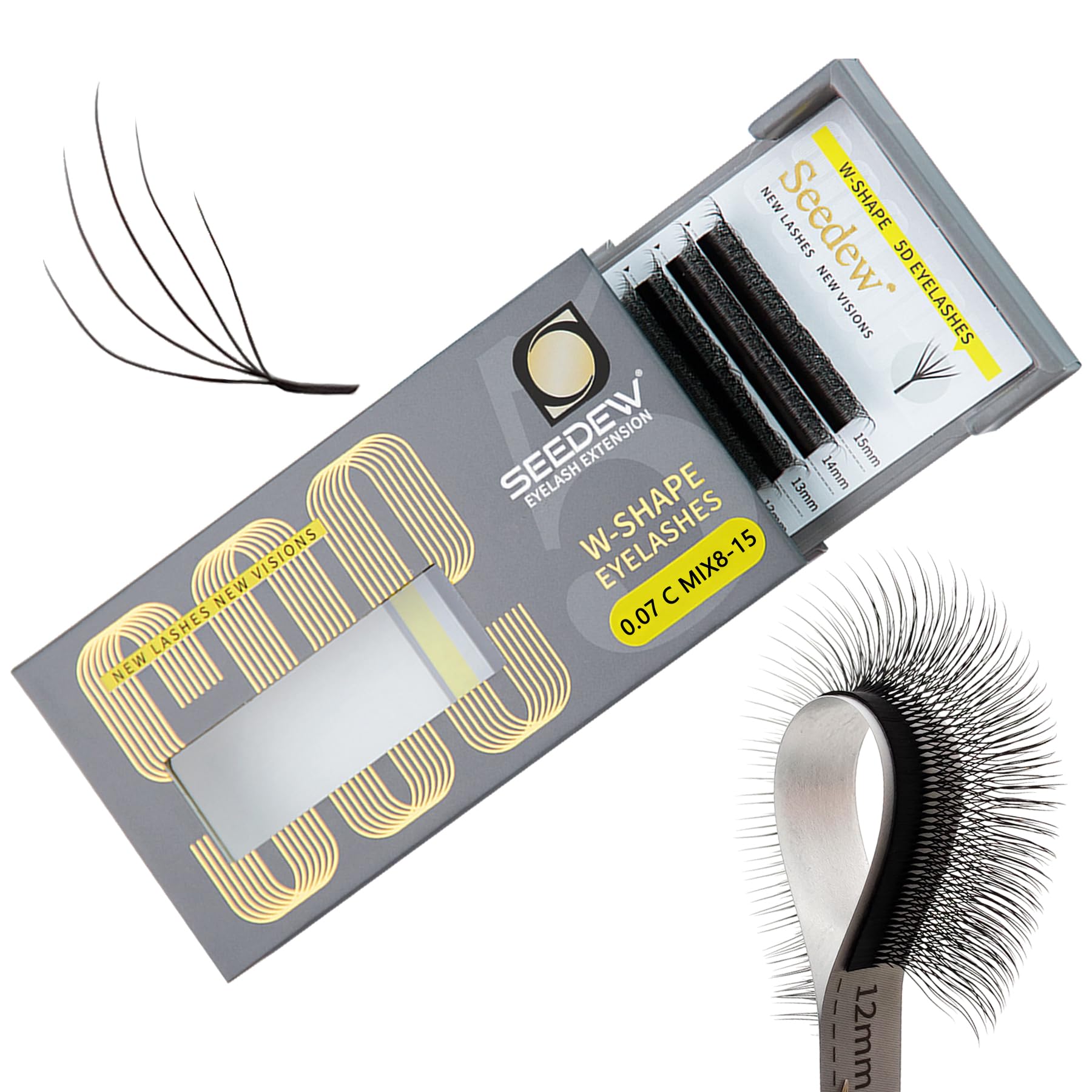 SEEDEW Petal 5D Lash Extensions, 0.07mm C Curl MIX8-15mm 12 Rows/Tray, Shorter Sides NEW, W Shape