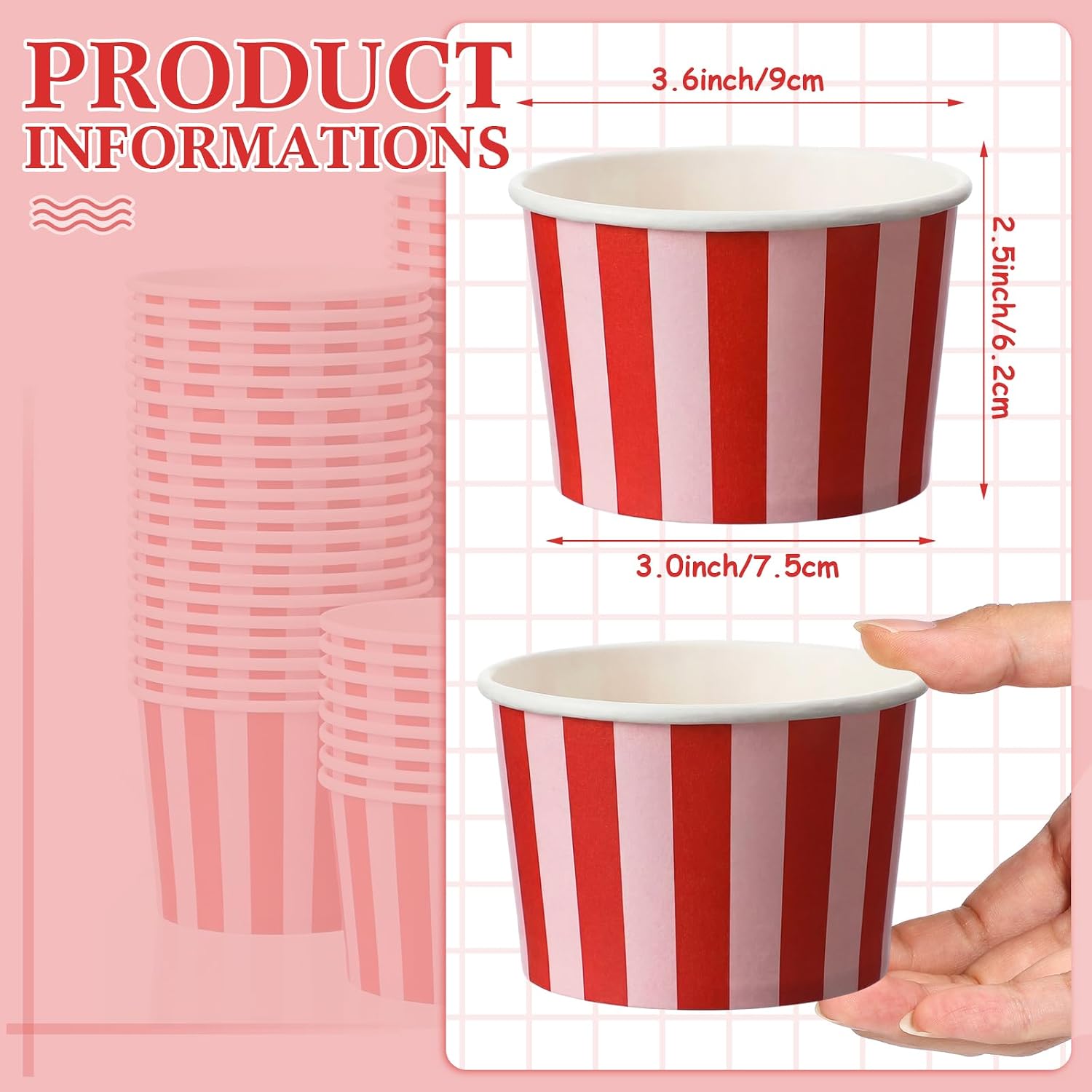 Zopeal 50 Count Red and Pink Striped Ice Cream Cups Paper Dessert Bowls image 4