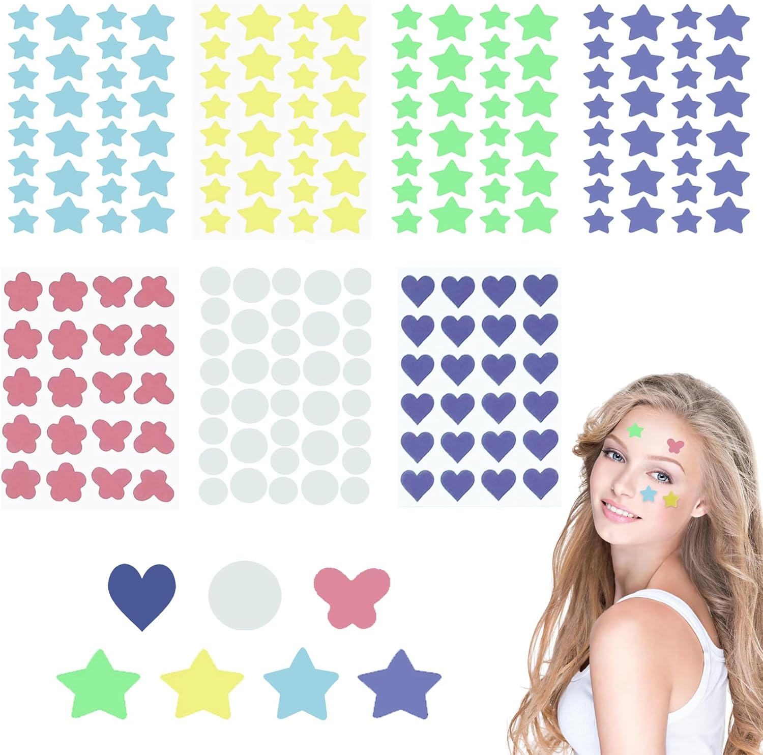 192 stuks acne puistjespatels, sterren, pe hydrocolloïde pleisters acne puistjes patches ster, kleur anti-puistjes patches, camoufleren, 5 vormen puistjespleisters voor gebruik overdag
