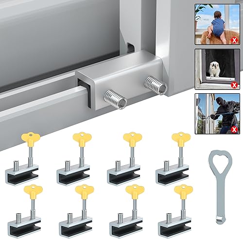 RELIANCER 8 juegos de cerraduras de ventana deslizantes, topes de ventana de puerta de seguridad de aluminio, cerradura de seguridad ajustable para