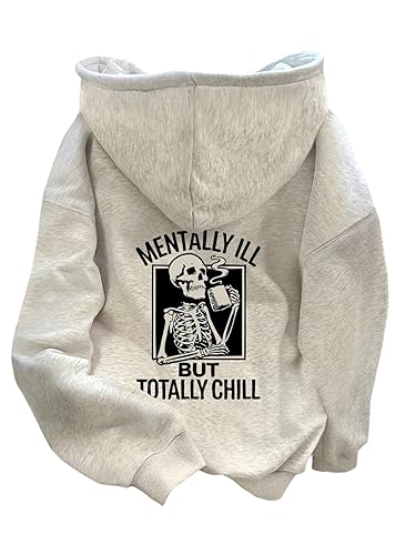 Women's Skull Graphic Hoodies Long Sleeve Hooded Halloween Sweatshirt Drawstring