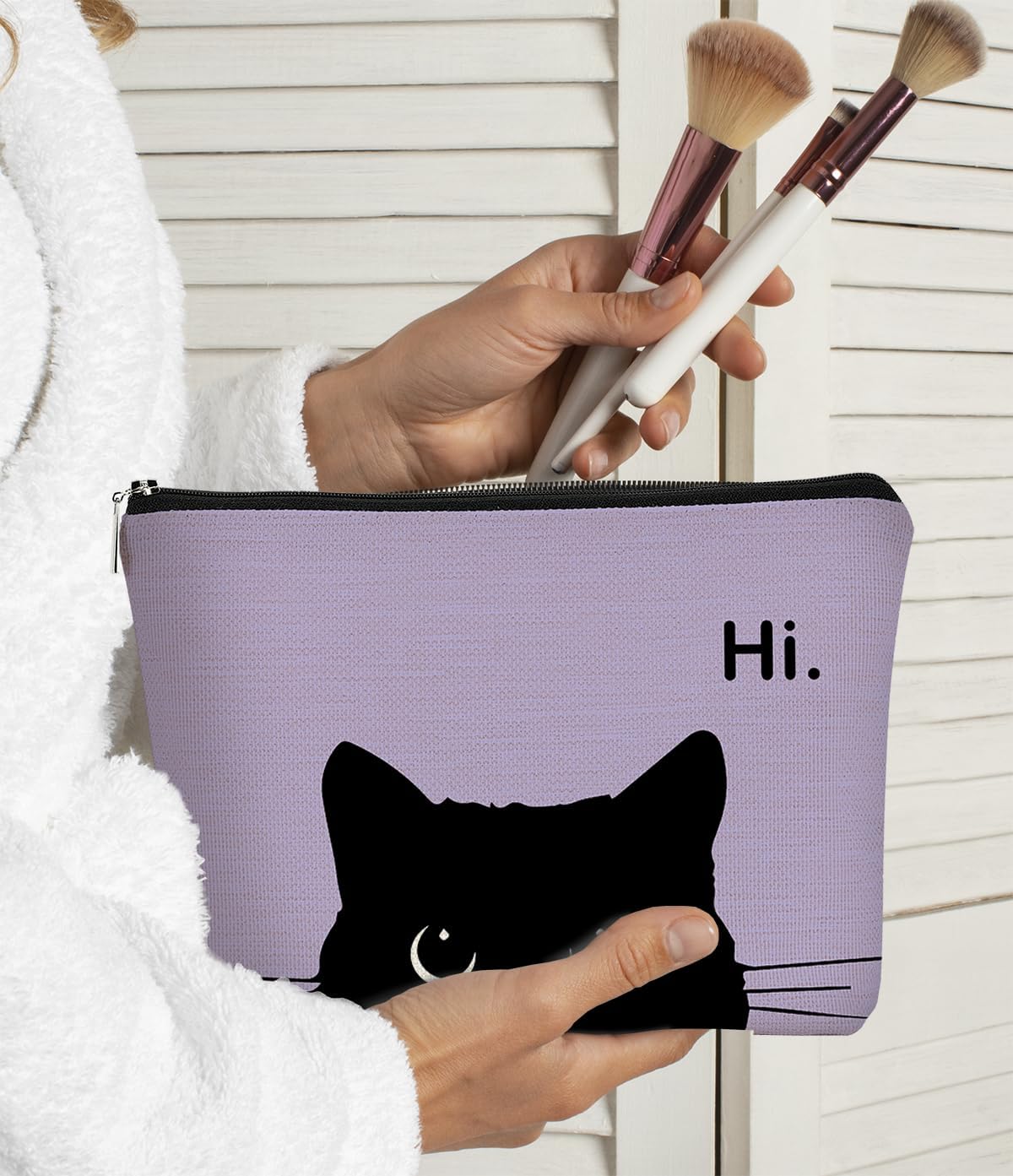 Cute Cat Makeup Bag, Black Kitty Cosmetic Pouch - Retro Stripes image 2