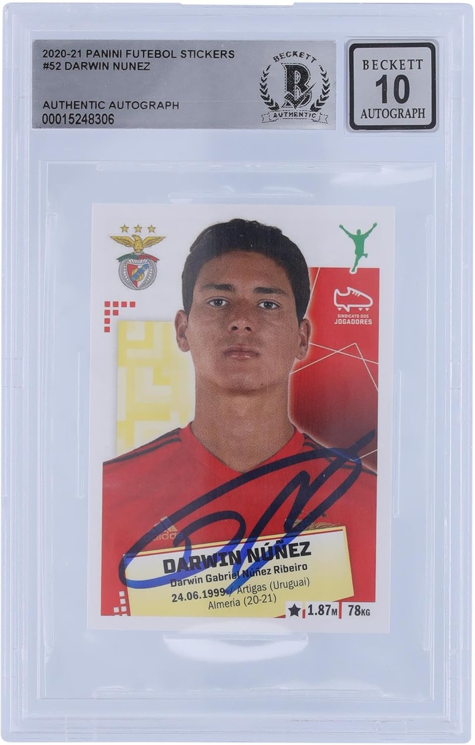 Darwin Nunez S.L. Benfica Autographed 2020-21 Panini Futebol Sticker #52 BAS Authenticated 10 Rookie Card - Autographed Soccer Cards