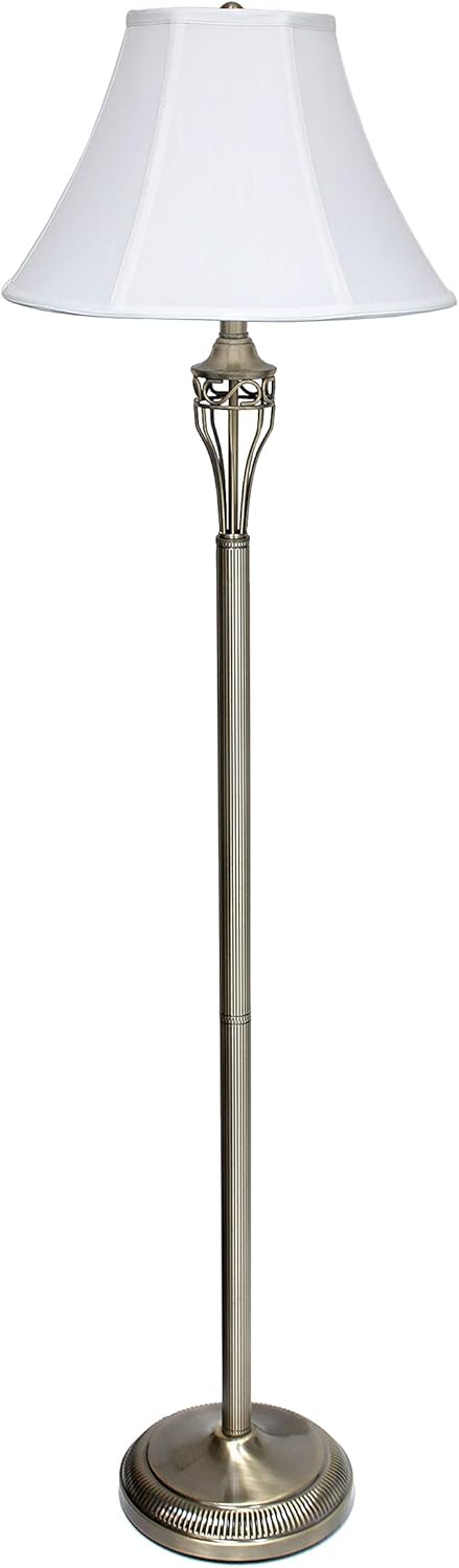 Elegant Designs LC1001-ABS Antique Brass Three Pack Lamp Set (2 Table Lamps, 1 Floor Lamp) with Fabric White Bell Shaped Shades