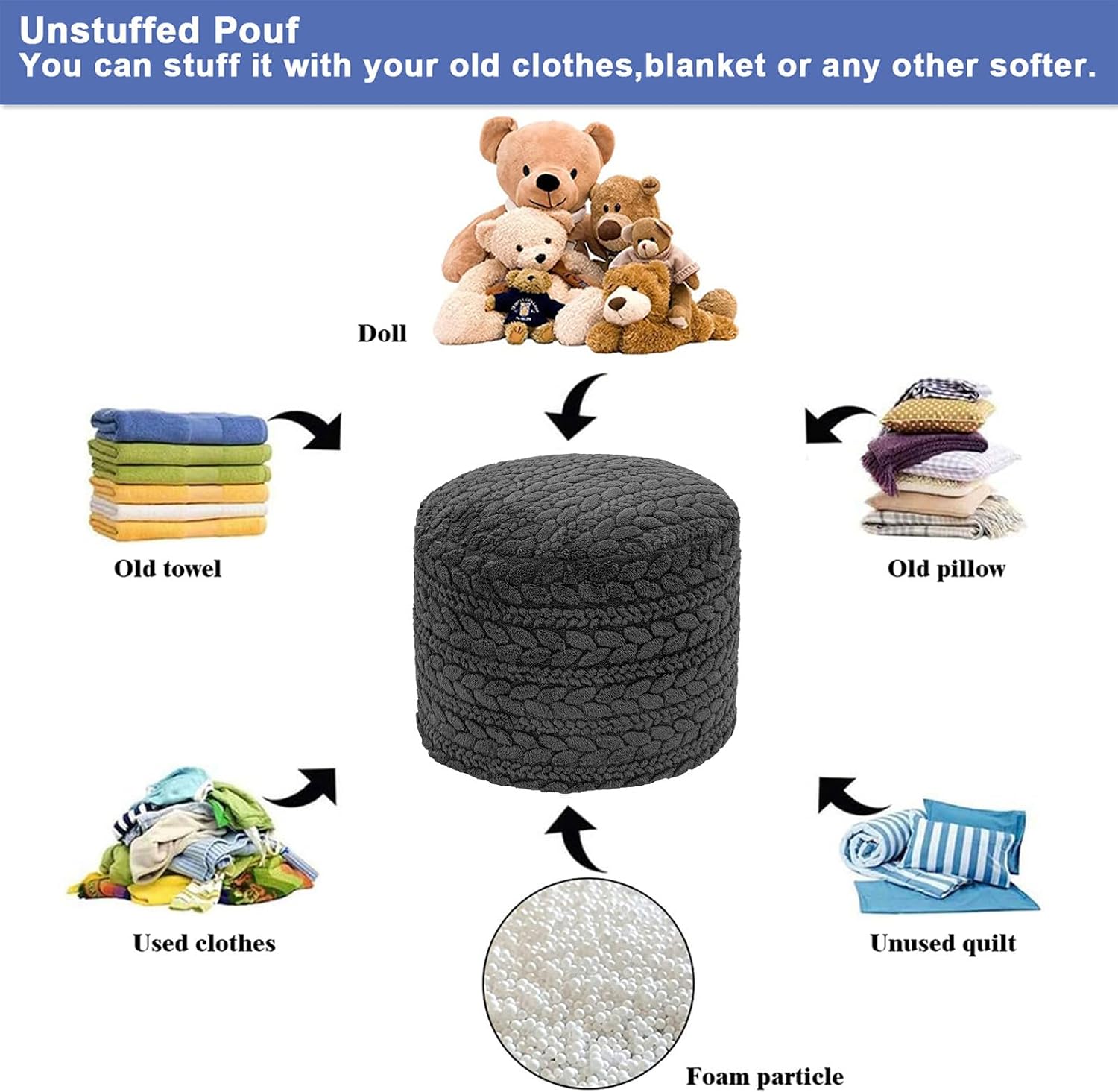 Poofieotto Unstuffed Ottoman Pouf Cover – Round Faux Fur Footstool Plush Floor Pouf (No Filler Included) Perfect for Living Room, Bedroom, or Office Lounge (Gray, 26x26x18 in)