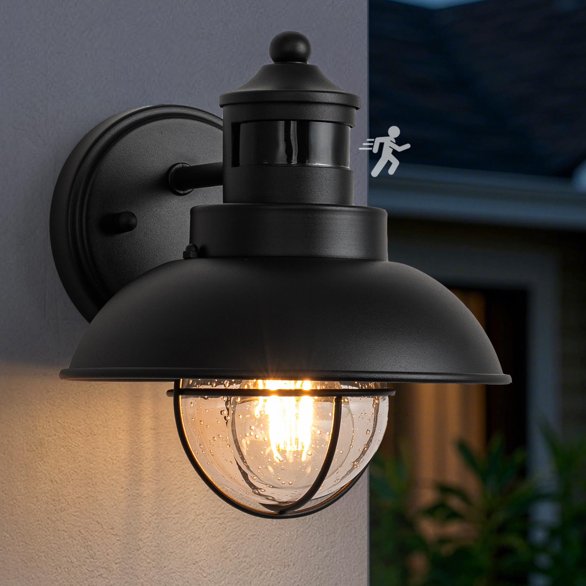 FTL Applique Murale Exterieur avec Détecteur de Mouvement, Porche Lampe Murale en Verre Bullé, E27 Grange Lumière Extérieure avec Capteur de Mouvement, IP44 Luminaire Exterieur Lanterne pour Jardin