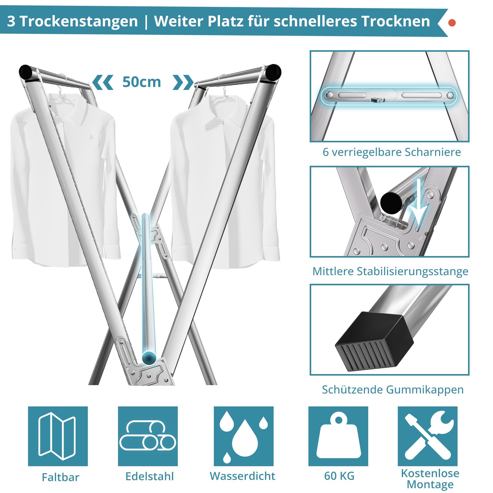 JAUREE 200cm Wäscheständer, Faltbarer Kleiderständer für drinnen und draußen, robuster Edelstahl Wäscheständer ständer, tragbarer, großer Kleiderständer stabil mit 20 winddichten Haken
