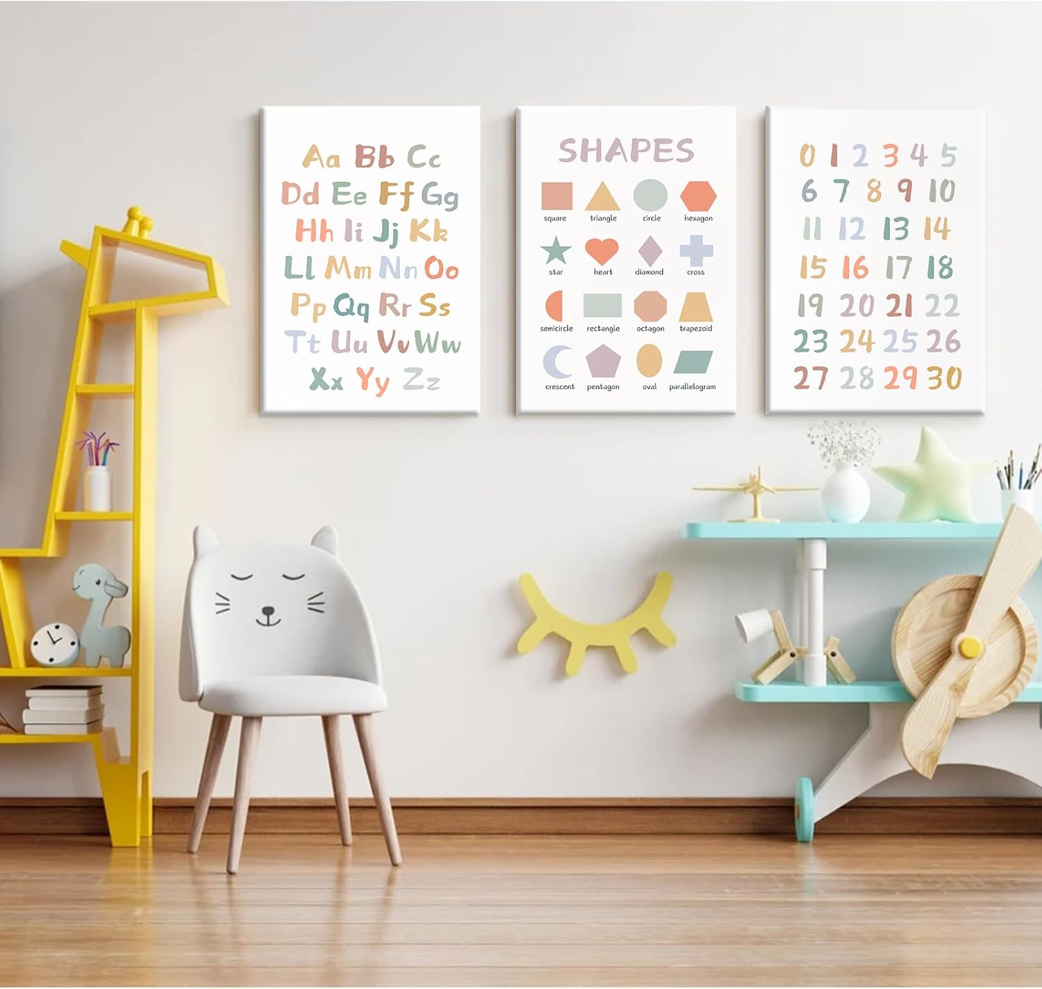 Kids Playroom Wall Art Decor Nursery ABC Alphabet Poster Play Room Canvas Wall Decor Toddler Childrens Educational Artwork Numbers Shapes Prints ABC Picture for Playroom 12x16 Inch Ready to Hang 3Pcs