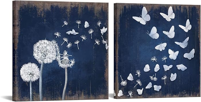 iHAPPYWALL 2 Pieces Rustic Dandelion Butterfly Canvas Wall Art Wish Flowers Navy Blue Picture Artwork for Bathroom Bedroom Home Decor Ready to Hang 12x12inchx2pcs Blue and White