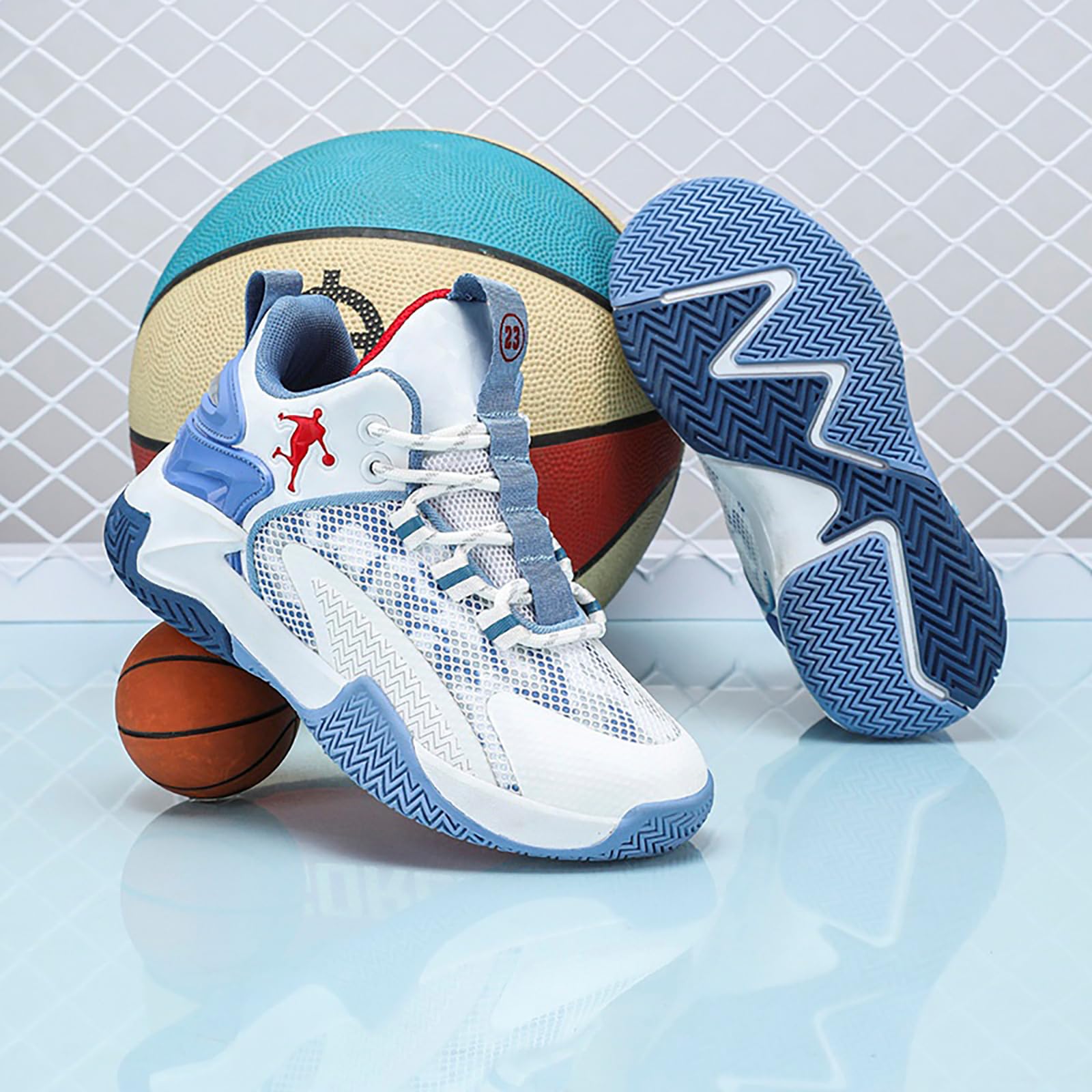 Basketballschuhe für Jungen Mädchen High Top Sneaker Outdoor Leicht Sportschuhe Kinder Basketballschuhe 30-52EU 527 Weiß Blau EU 38