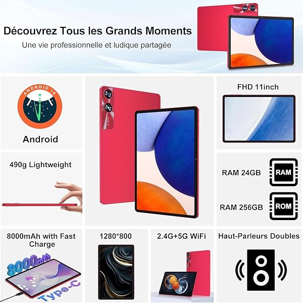 2026 Tablette 11 Pouces Android 24Go RAM+256Go ROM(2 To TF),Octa-Core 2.0Ghz, 8000mAh, 5G WiFi, Widevine L1, 2K Écran GMS 5MP+13MP, Bluetooth 5.0, FHD 1280 * 800,Tablette Tactile de jeu avec Cas-Rouge - 2