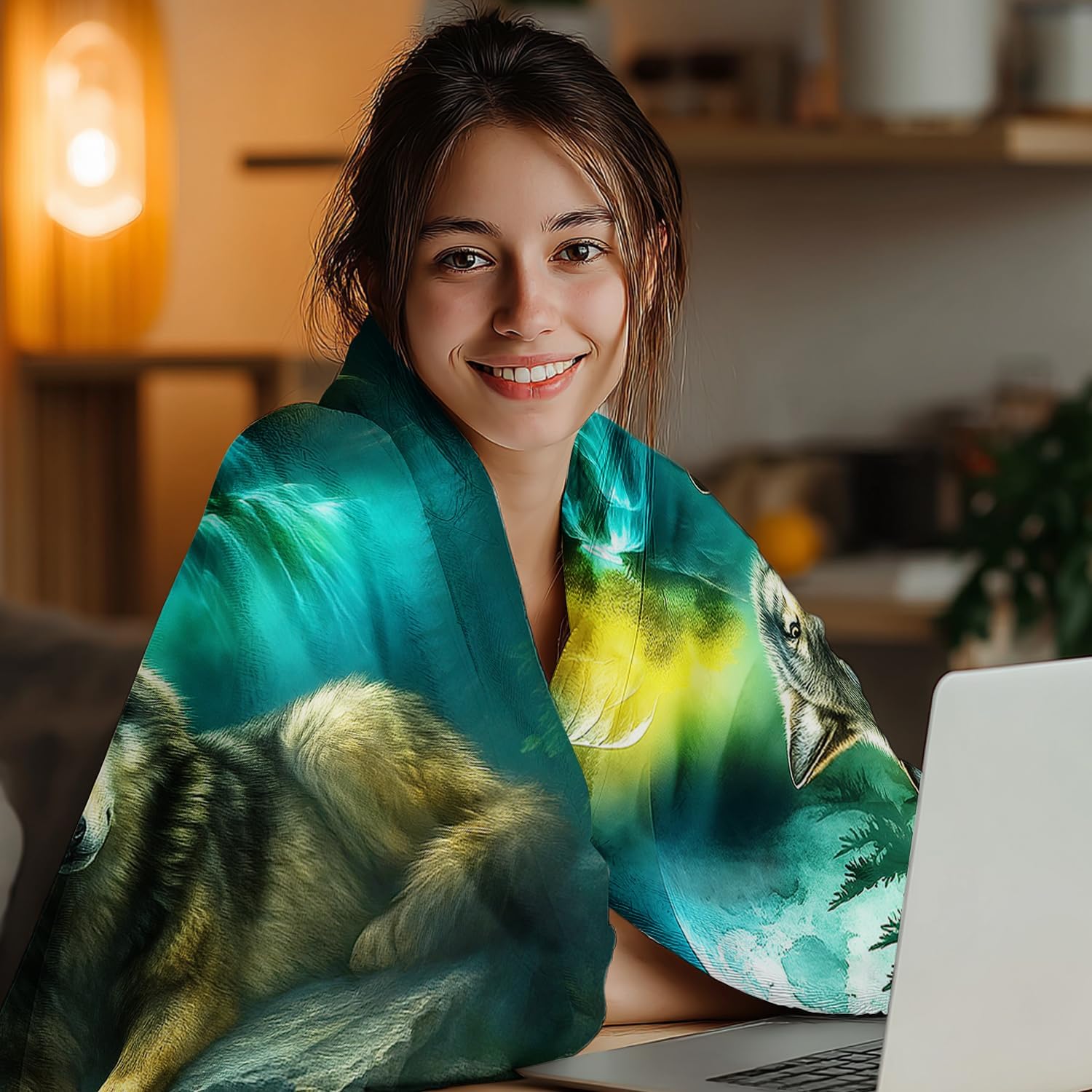 Wolf Blanket Blue-Green Wolf Fleece Throw Blanket Super Soft Fuzzy Plush Cozy Warm Wolves Decor Stuffed Bedding Blankets Gift for Boys Girls Men Women Kids & Adult 50"X40" - Image 3