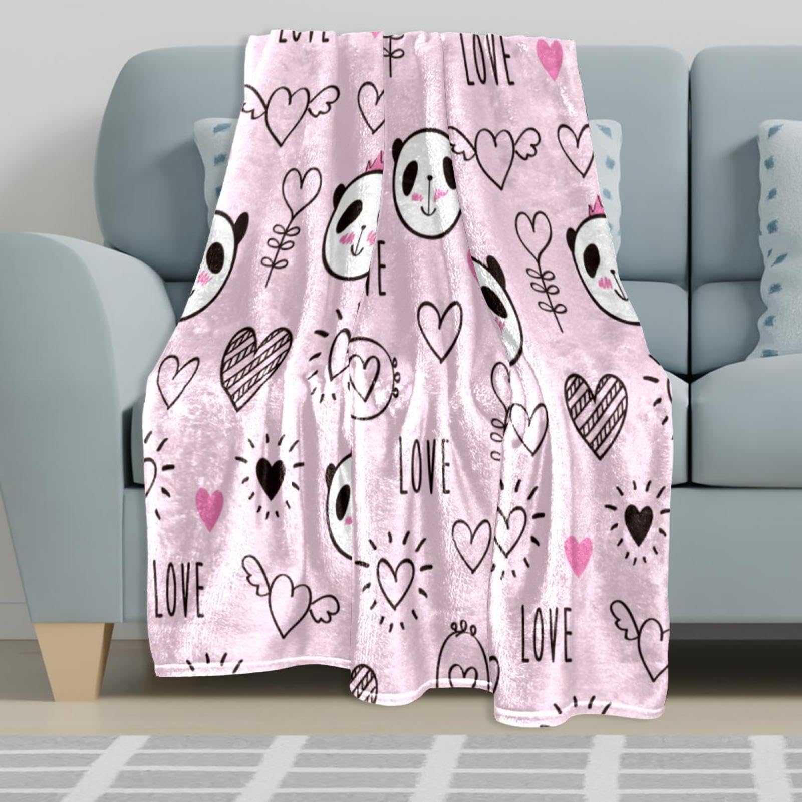 Amazon｜ピンクの模様のパンダ スローブランケット軽量マイクロ