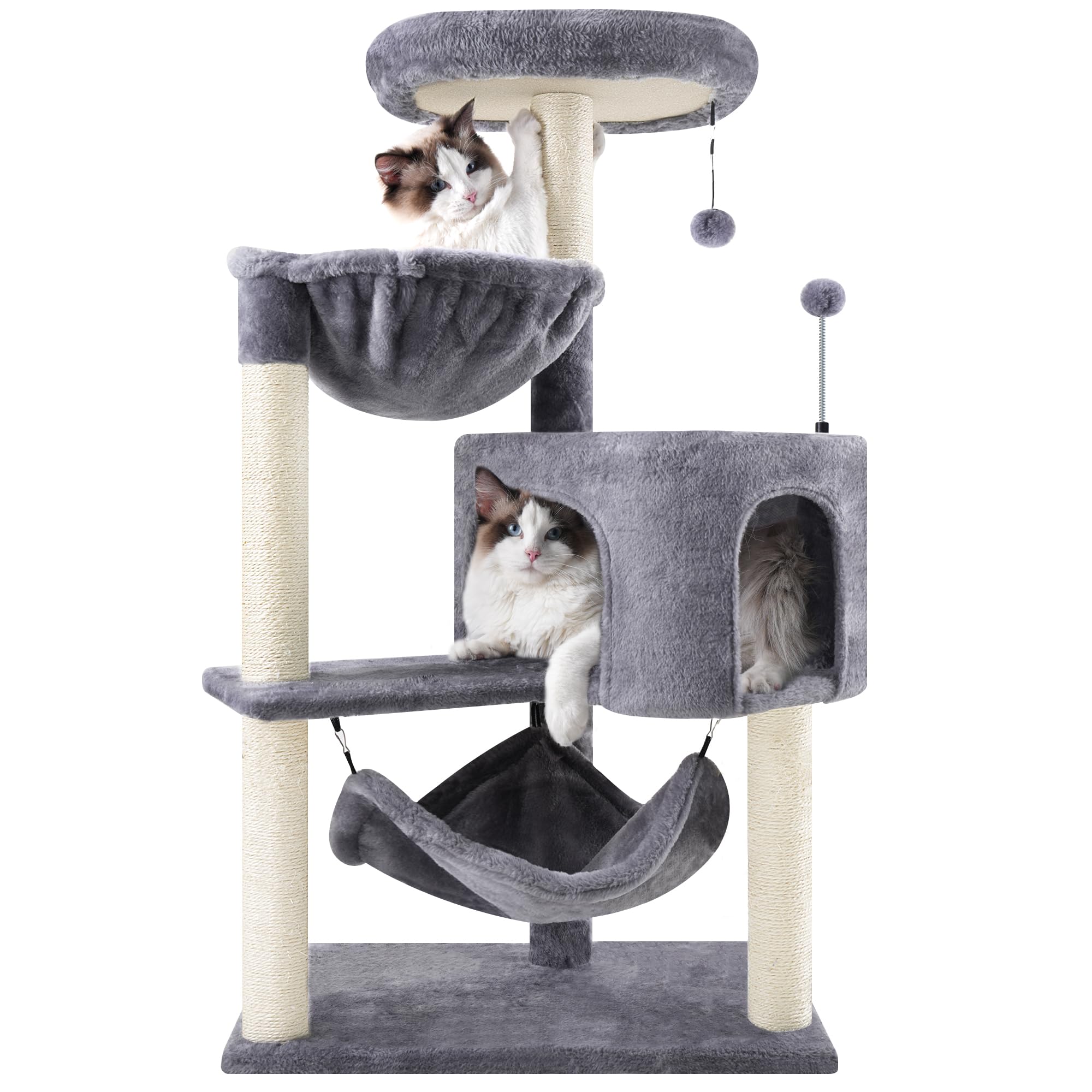 ROYPET 100cm Cat Tree with Sisal Scratching Posts for Indoor Cats,Cat Tower with Hammock and Hanging Ball Toy,Pet Furniture Activity Centre with Condo,Play Towers&Trees,Grey(New)
