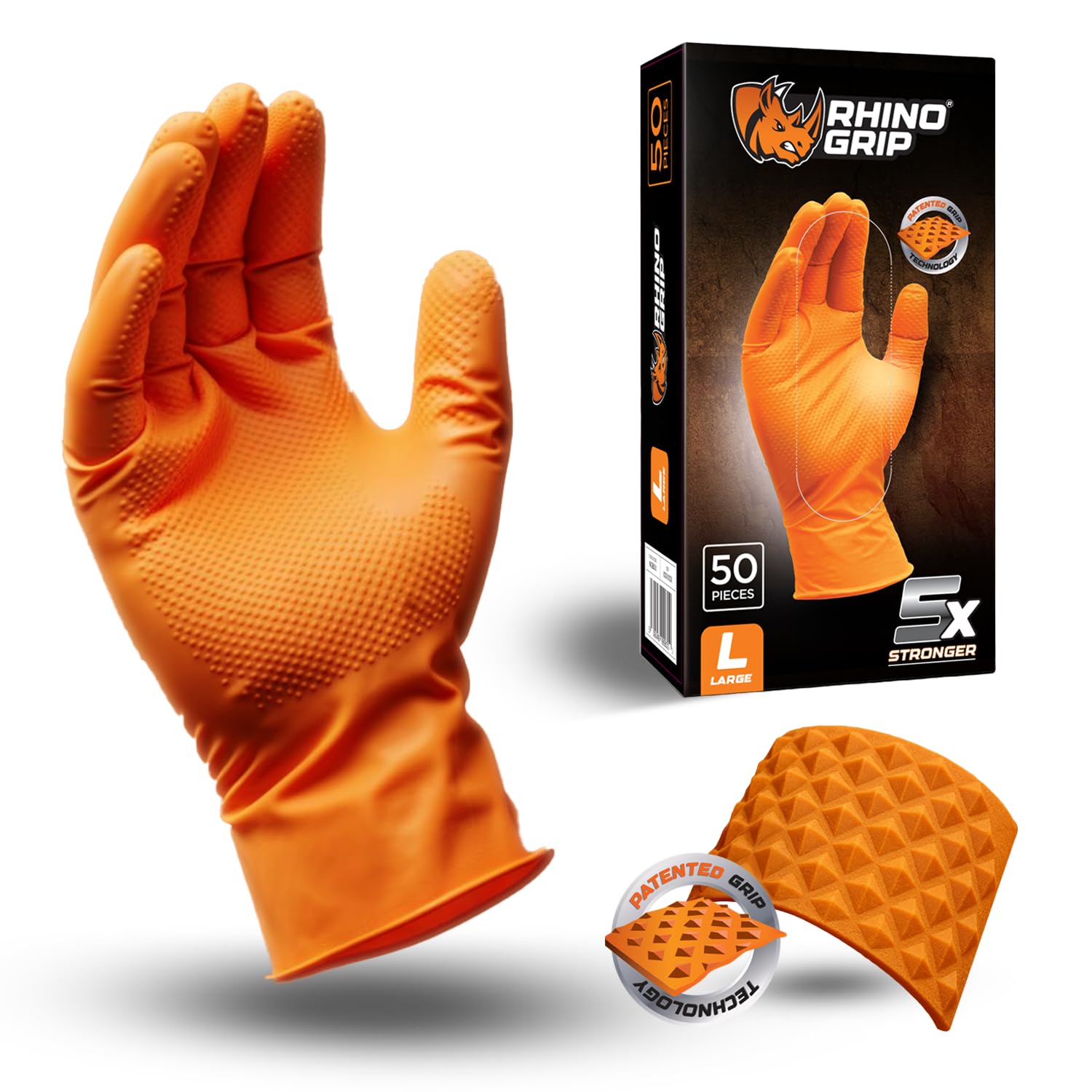 RHINO GRIP Nitrile Gloves, Disposable Gloves, Diamond Grip Orange Gloves, Powder-free & Latex Free Nitrile Gloves