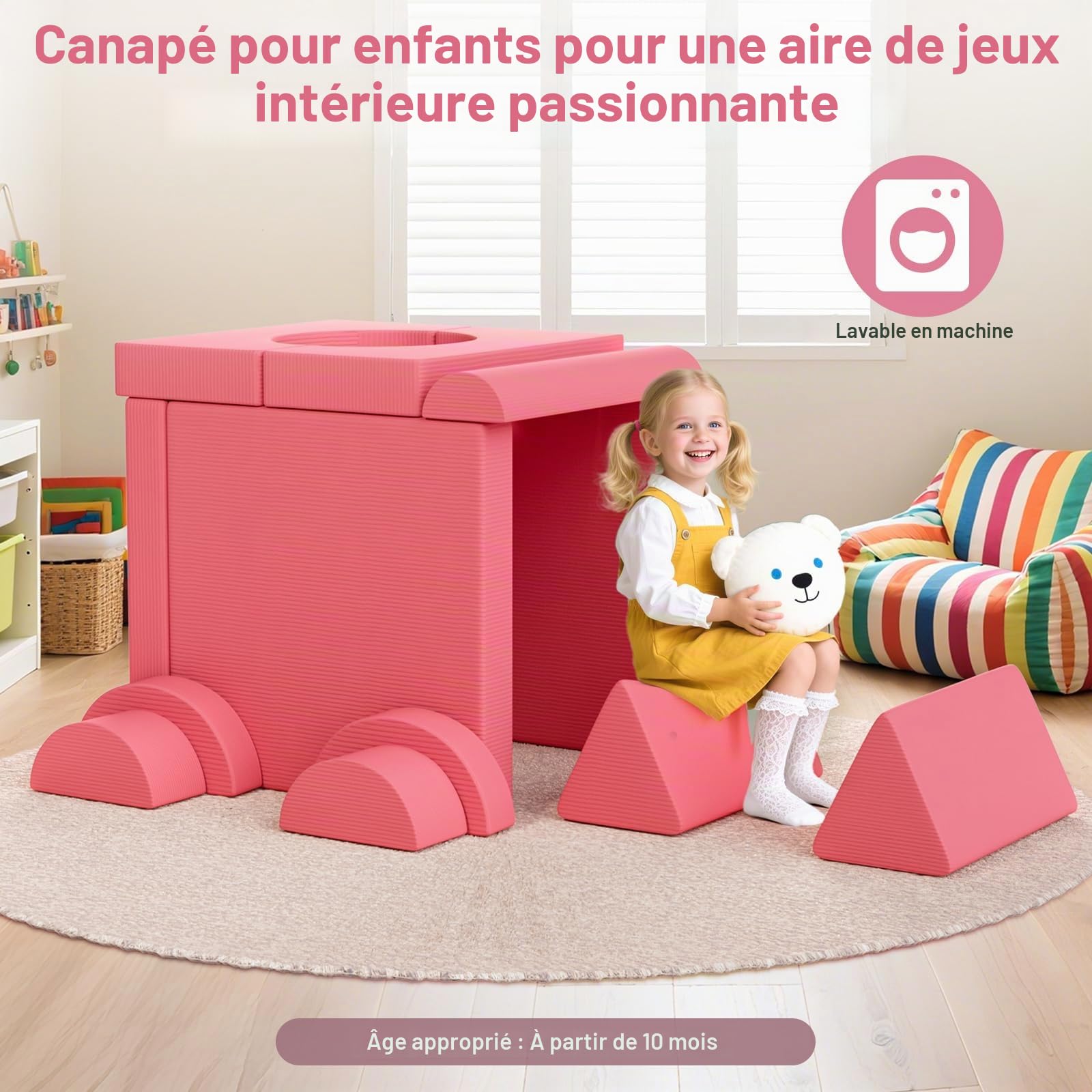 Clevich Canapé Modulable pour Enfants, Canape Enfant Convertible Confortable, Meubles de Chambre et de Salle de Jeux pour Tout-Petits, Possibilités de Jeux Infinies, Velours Côtelé (Rose)