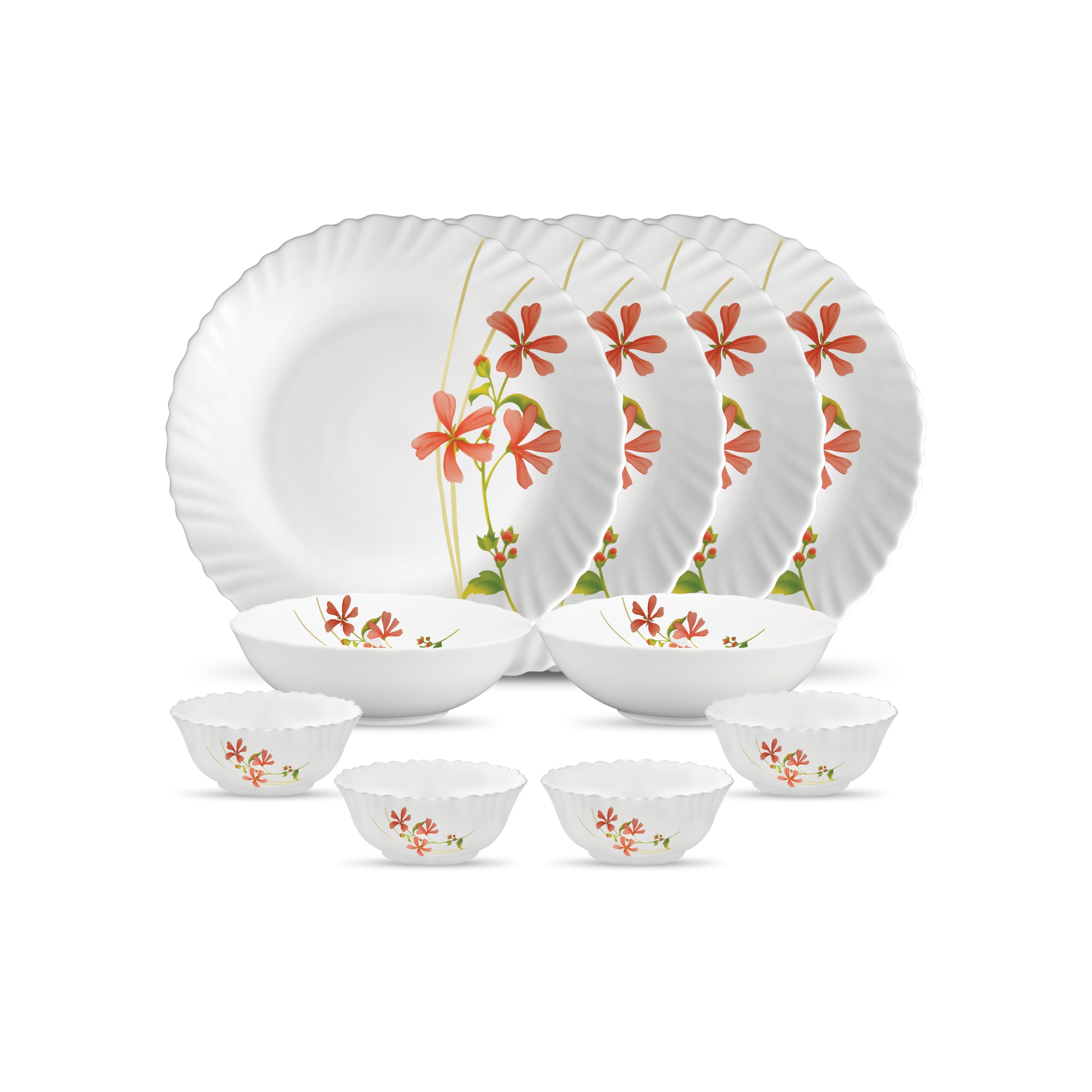 La Opala Novo Collection Opal Glass Crockery | for Family of 4 | Dinner Set 10 pcs Coral Charm | Plates & Bowls for Dining | Microwave Safe | 100% Vegetarian | Extra Strong | Light & White