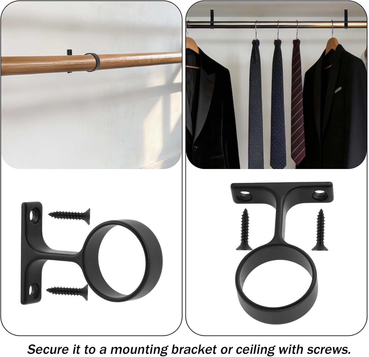 2pcs Middle Mounting Bracket for 1-5/16" Round Closet Rod (Black)