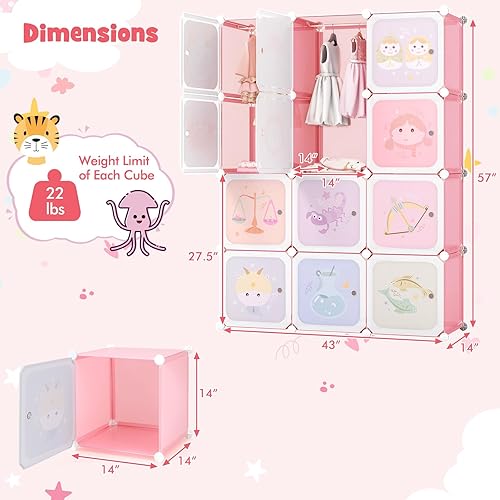 Miniatura 25 de HONEY JOY Armario para niños, organizador de almacenamiento de ropa de dibujos animados para bebés, 8 cubos y 2 secciones para colgar, armario