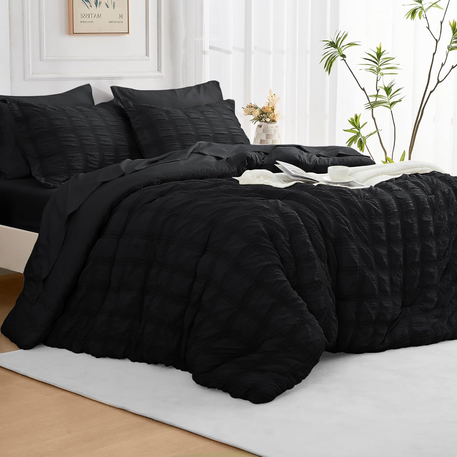 JOLLYVOGUE King Comforter Set Seersucker 7 Pieces, Black Comforter, Soft Bed in a Bag King Size, All Season Bedding Set with Comforter, Flat Sheet, Fitted Sheet, Pillowcases, Pillow Shams