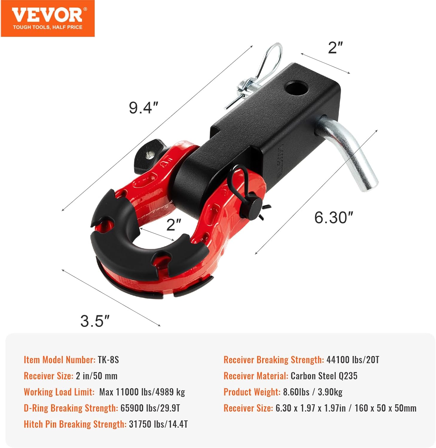 VEVOR Shackle Hitch Receiver, Fits 2" Receivers, 65900 lbs Breaking Strength, D Ring Shackle with Trailer Hitch Lock Pin, Heavy Duty Towing Accessories for Trucks, Jeeps, Off-Road Vehicle Recovery
