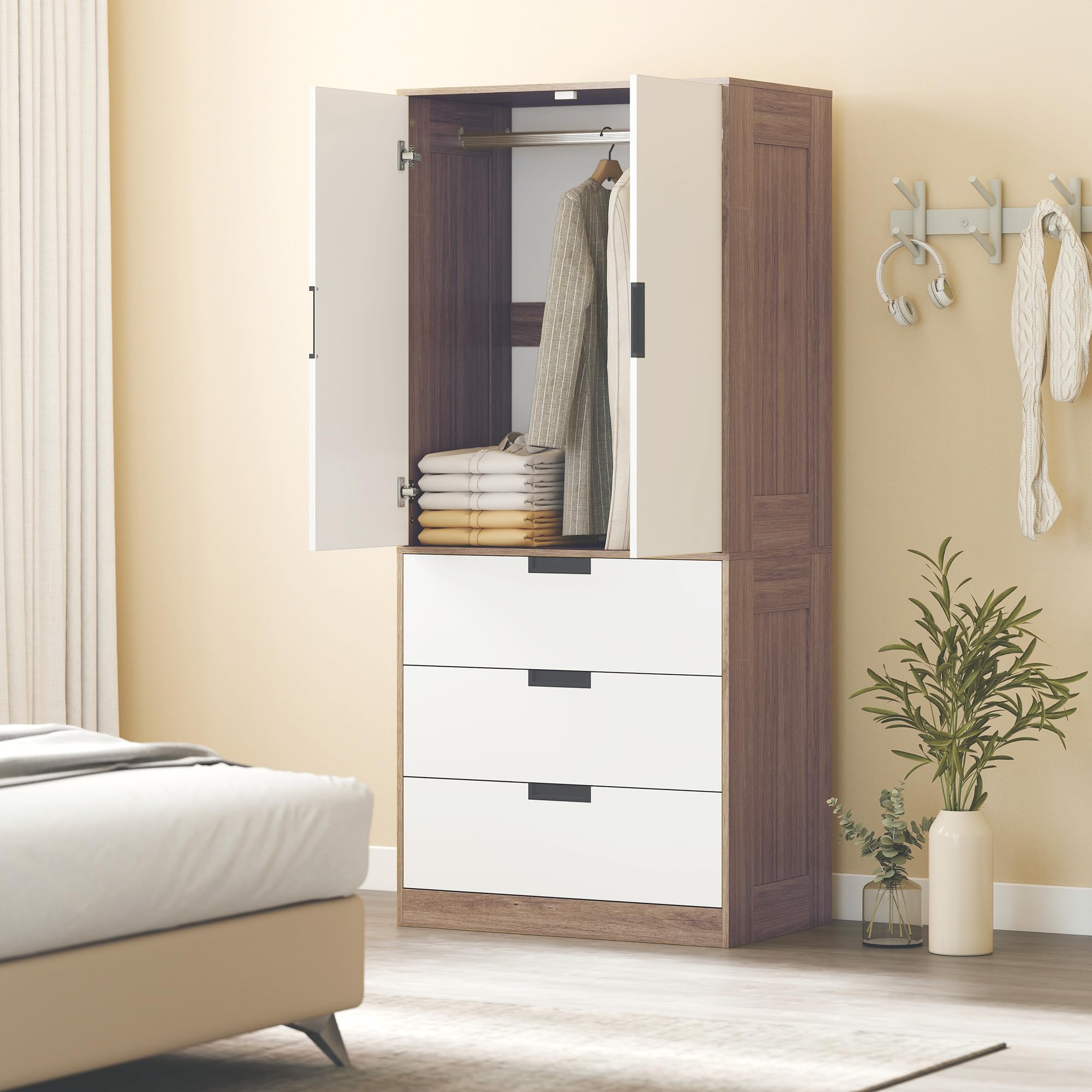 HOMCOM Armario Moderno para Dormitorio de Adulto con 3 cajones y Barra para Colgar, Dim. 80W x 50D x 180H cm, marrón