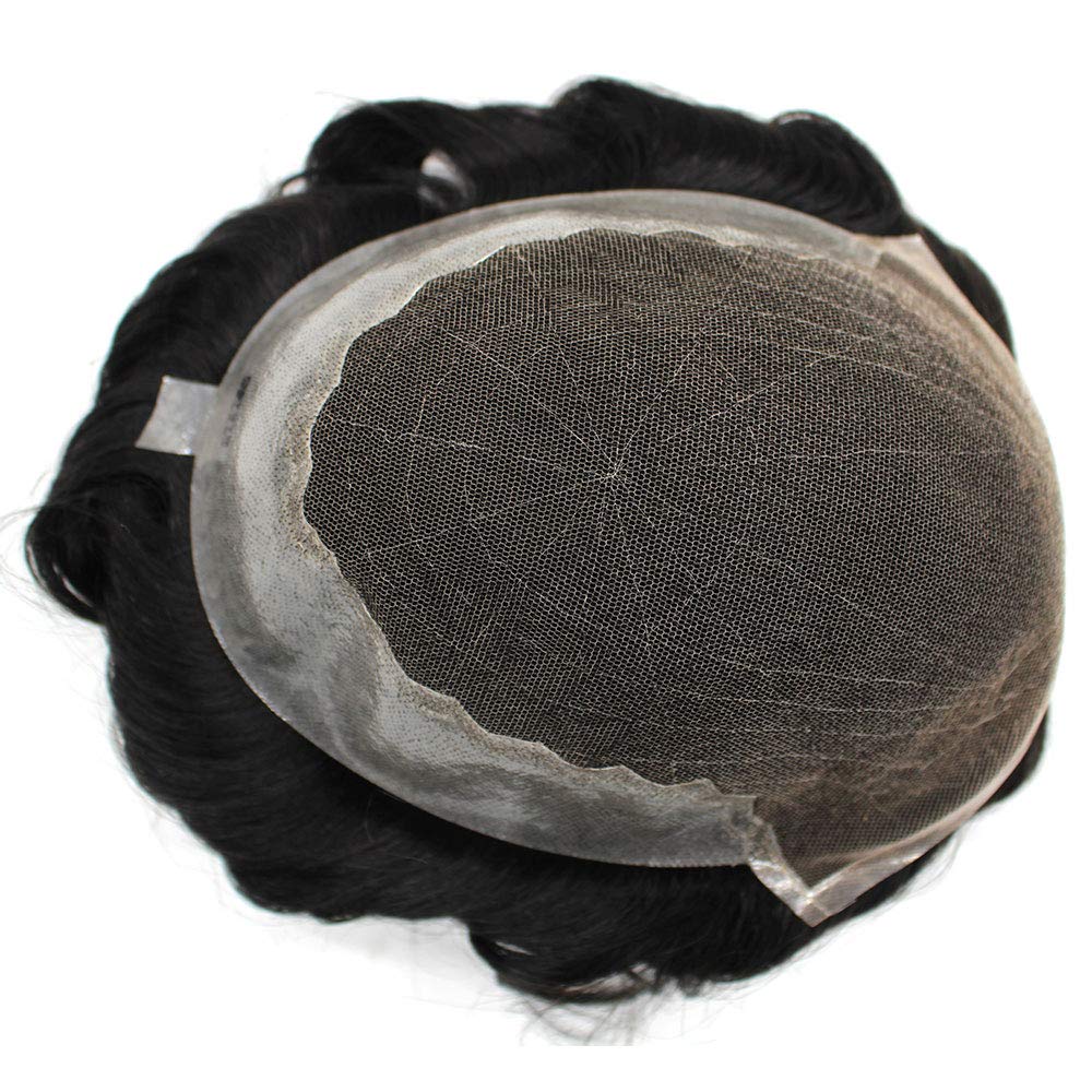 "Q6 Base" Custom Customized Men Human Hair System Replacement Toupee Hairpiece Installation Wig Prosthesis for Hair Loss Alopecia(7x9inch #1B Natural Black Color)