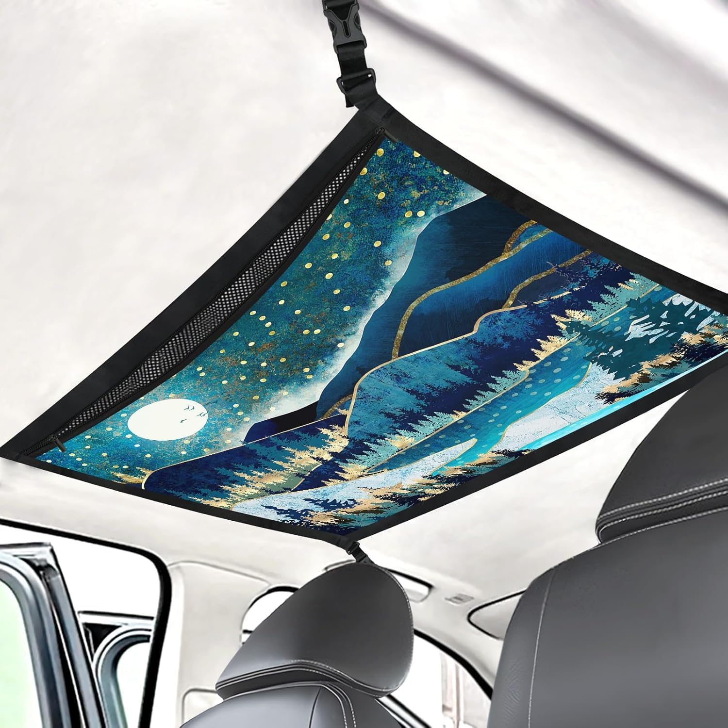 Moon Mountain Car Ceiling Cargo Net Pocket Hanging Storage Bag with Zipper 31.5"x21.6" Double-Layer Mesh Car Roof Storage Organizer Long Road Trip Truck SUV Travel Camping