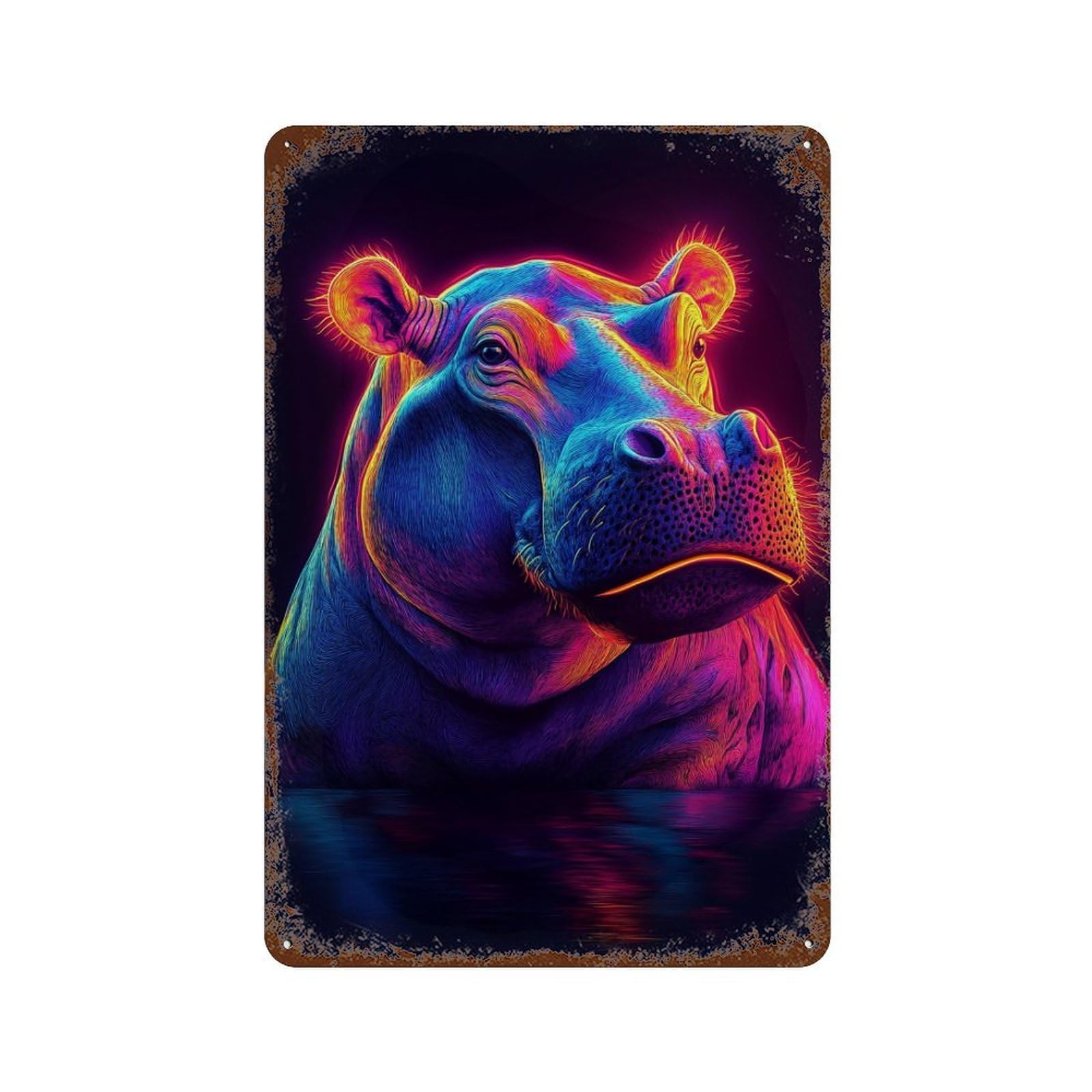 Neon Hippo Art Print Vintage Wall Sign 11.8"x7.9", Rust Effect Metal Decor for Cafe, Home Bar And Lounge Decor