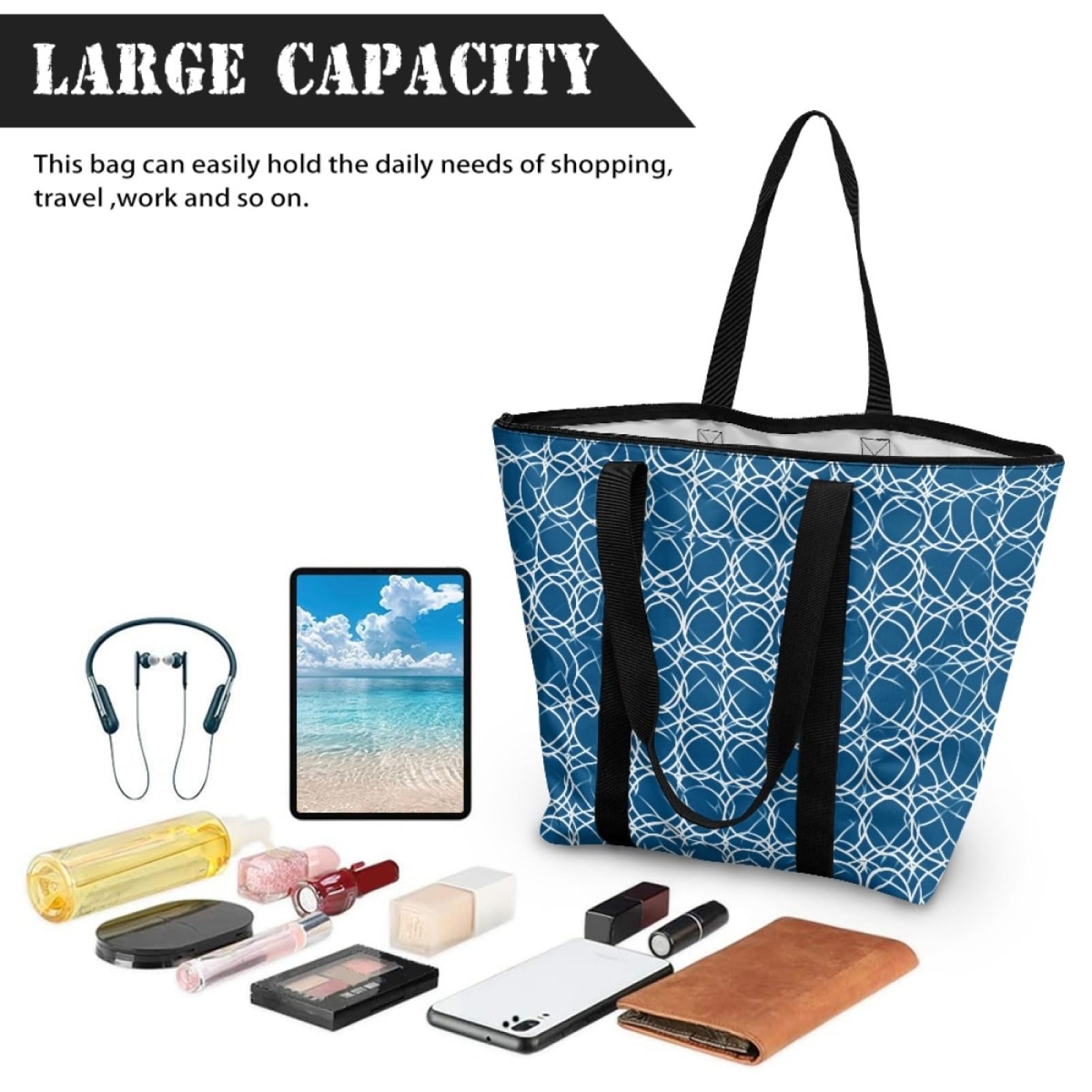 Tote Bag Tela Bolsas de Tela Poliéster Bolso de Mano de Mujer Reutilizable Bolsa Compra Plegable Tote Bag Cremallera Bolso Viaje Duradero Totebag