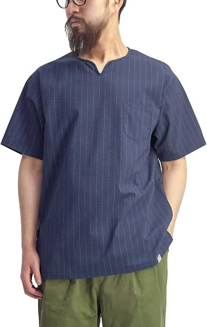 Amazon Angenehm アンゲネーム シアサッカー キーネック 半袖プルオーバーシャツ 日本製 メンズ Navy M シャツ 通販