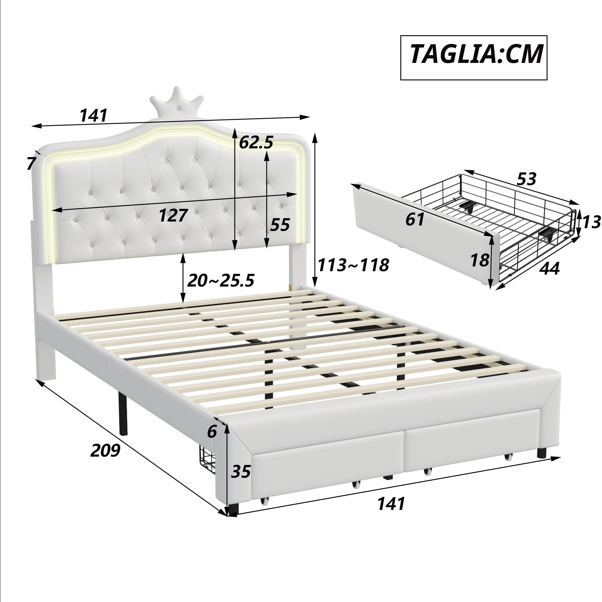 Letto imbottito 140 x 200 cm, letto principesse con illuminazione a LED, Letto matrimoniale con Testiera regolabile a forma di corona, Letto per bambini con rete a doghe e cassetto, senza materasso