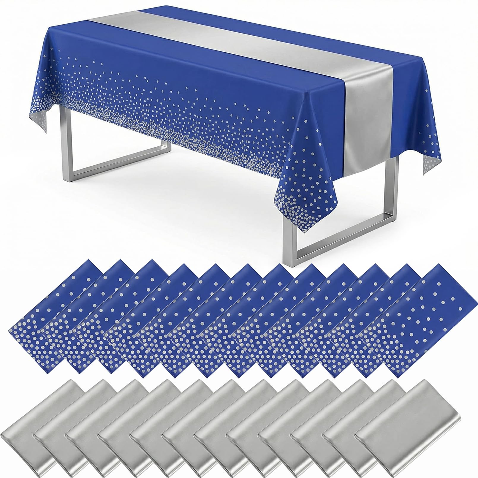 Incisite 24 Pack Blue and Silver Tablecloth and Table Runner Set,137x274cm Disposable Plastic Dot Tablecloth,29x274cm Silver Satin Runner for Wedding Birthday Graduation Anniversary Party Decorations