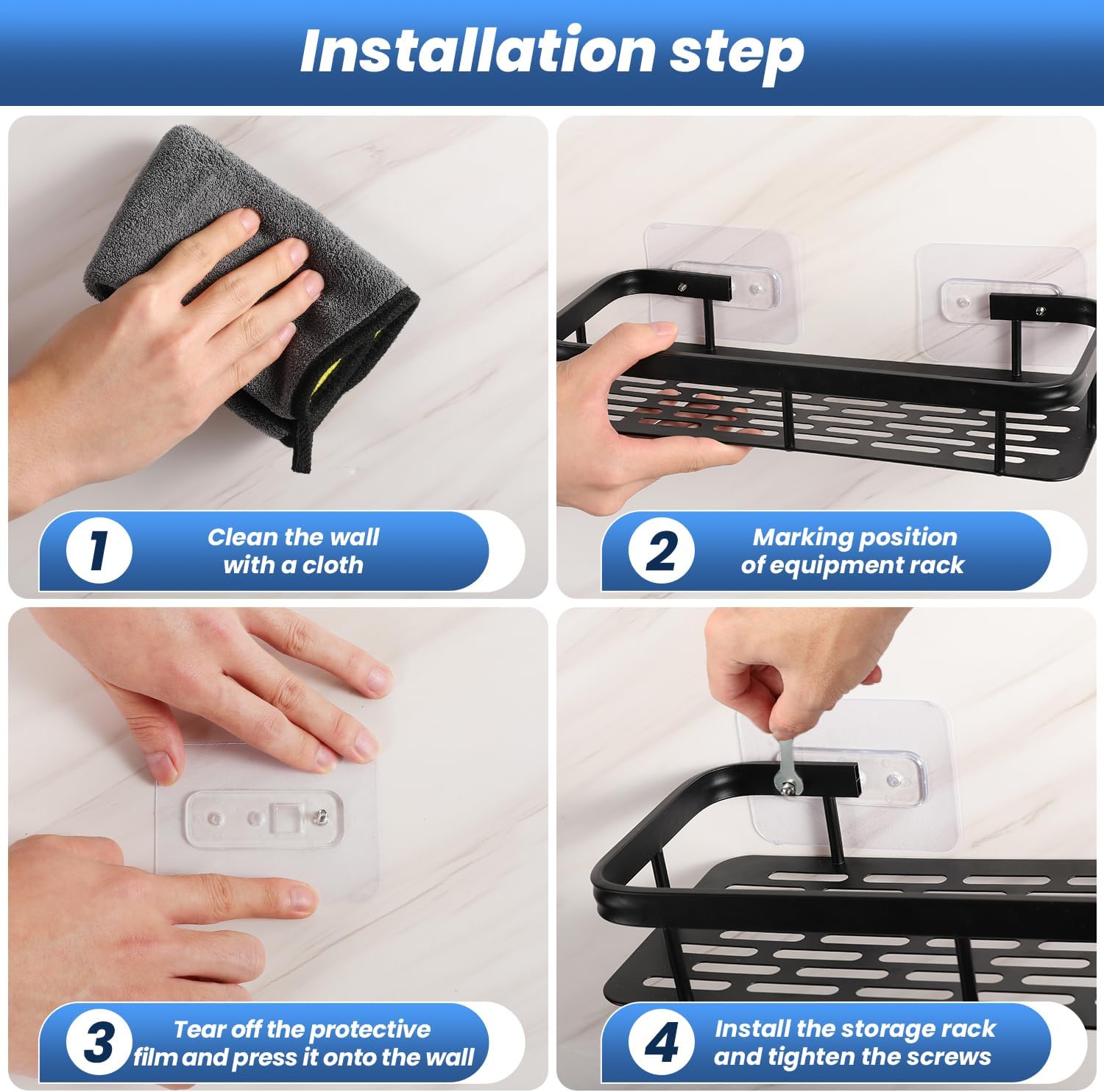 lanlord Wall Mounted Shower Caddy Shelf Organizer Rack,2 Pack 12 inch No Drilling Adhesive Shower Shelves,Bathroom Shower Organizers and Storage,Save Space With Hooks,(Black 2LBLT).