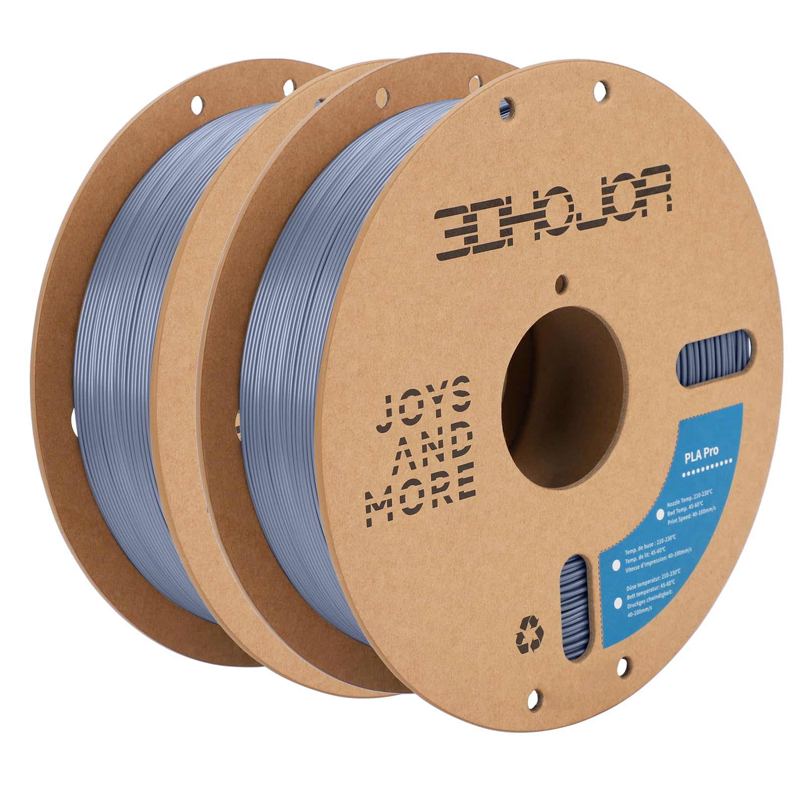 3DHoJor Filamento PLA Pro (PLA+) de 1.75 mm, filamento de impresión 3D PLA+ 2 kg x 2 (4.4 libras), paquete de carretes de cartón, precisión dimensional +/- 0.03 mm, paquete de 2 unidades, color gris