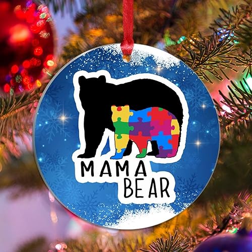 WoGuangis Mama Bear Christmas Tree Hanging Ornaments Puzzle Pieces Autism Christmas Decorations Mama Bear Autism Colorful Puzzle Bear Acrylic