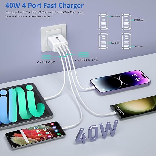 Miniatura 2 de Bloque de cargador USB C, paquete de 2 cargadores de pared USB C de 40 W de 4 puertos con cable USB C a C de 6 pies, adaptador de corriente dual