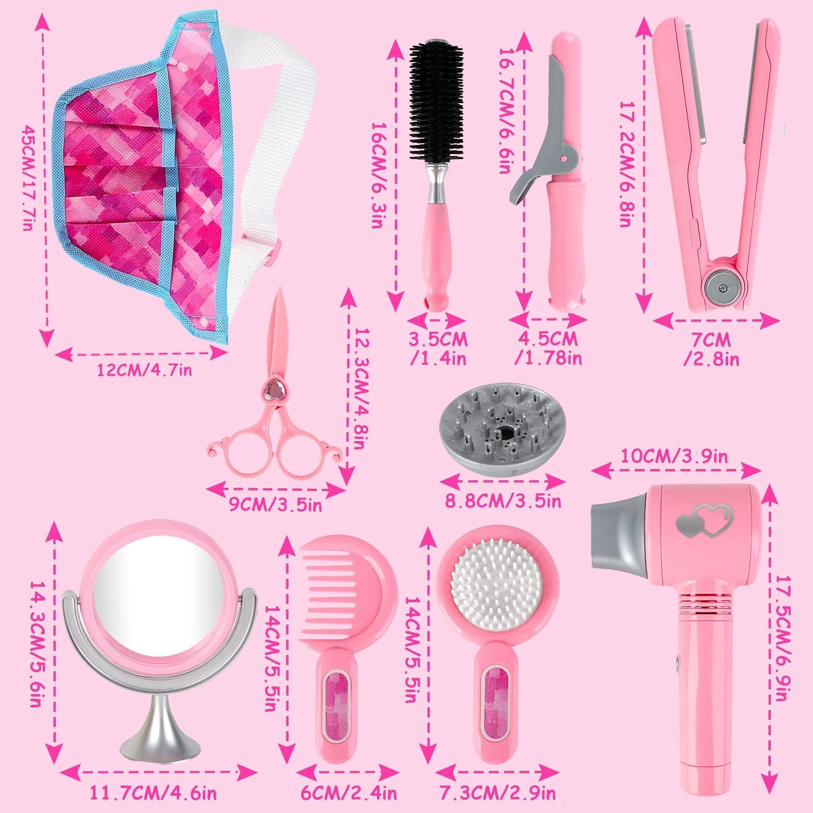 deAO Set De Juegos De 35 Piezas De Salón De Belleza para Niñas, Juego De Simulación De Peluquería con Secador De Pelo, Espejo, Rizador y Otros Accesorios, Kit De Maquillaje Simulado para Niños