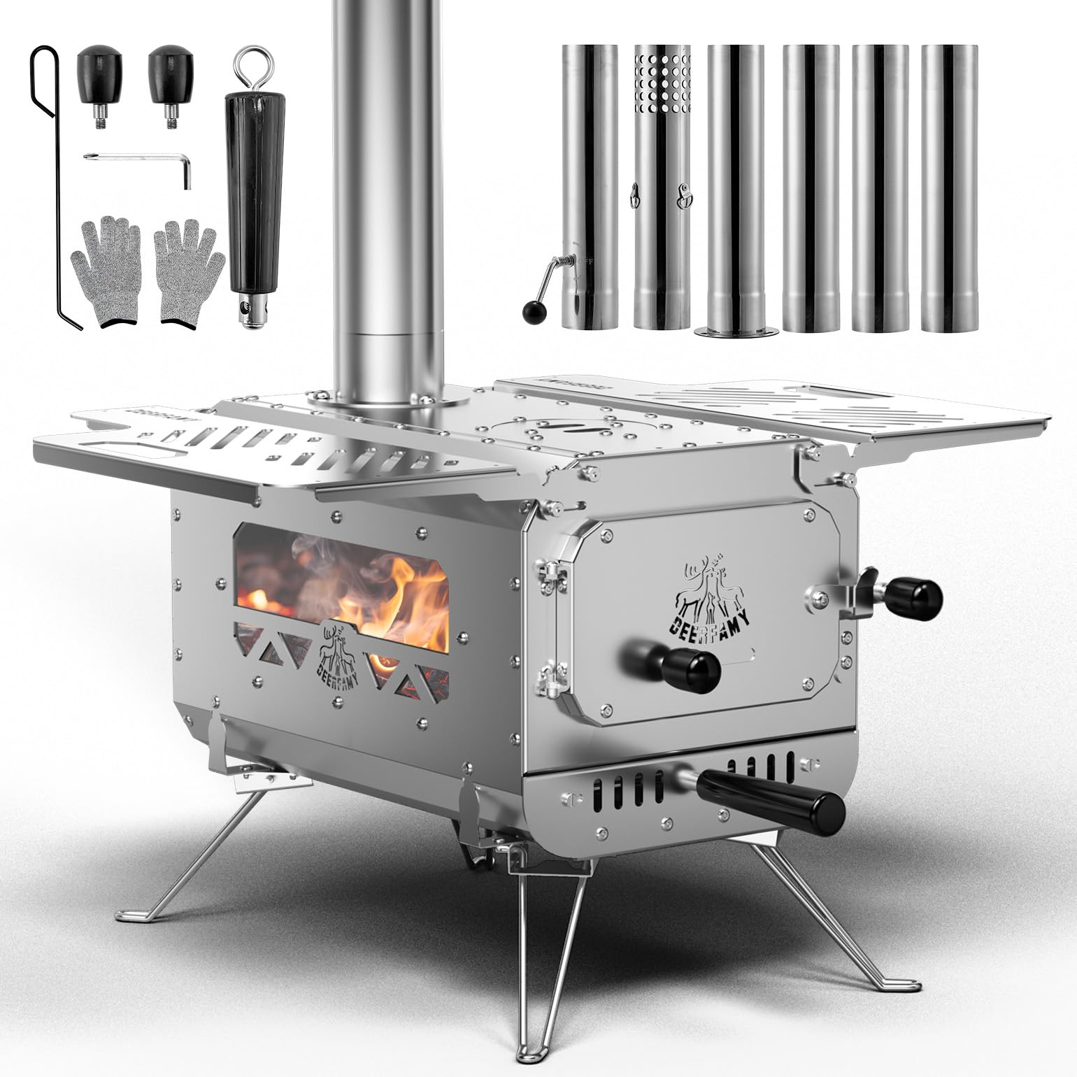 Deerfamy Tent Stove, Portable Hot Tent Stove, Small Stainless Steel Camping Tent Stove with 6 Chimney Pipes for Outdoor Heating and Cooking, Silver