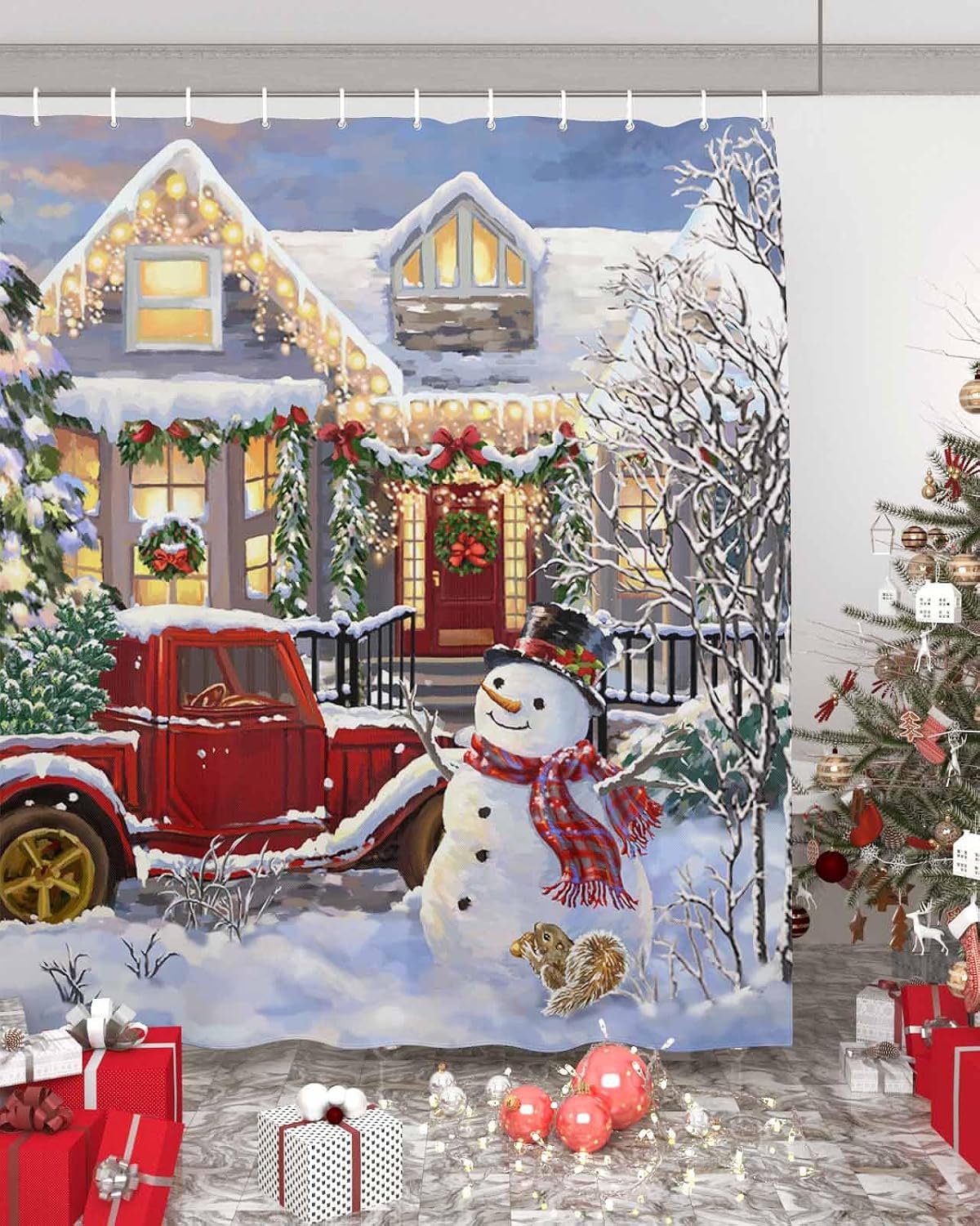 BestLives Winter Christmas Shower Curtains Snowman Pine Tree Bath Curtain Snow Red Truck Waterproof Bathroom Curtain with Hooks 72 x 72 Inches