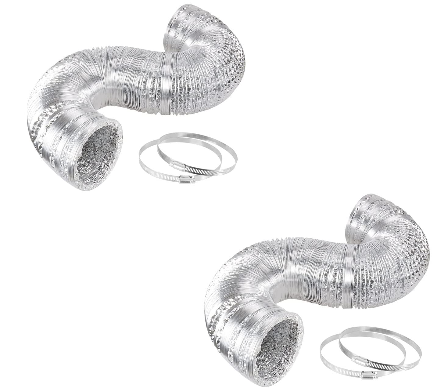 iPower 2-Pack 4 Inch 25 Feet Non-Insulated Flex Air Aluminum Ducting Dryer Vent Hose for HVAC Ventilation, 4 Stainless Steel Clamps Included, Silver