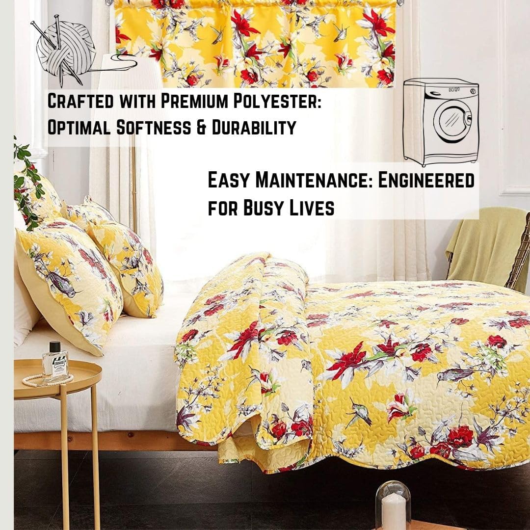 DaDa Bedding Radiant Sunshine Yellow Floral Bedspread Set - Hummingbirds Farmhouse Red Flowers Garden Quilted Coverlet - Scalloped Edges Bright Vibrant Multi-Colorful - Twin - 2-Pieces