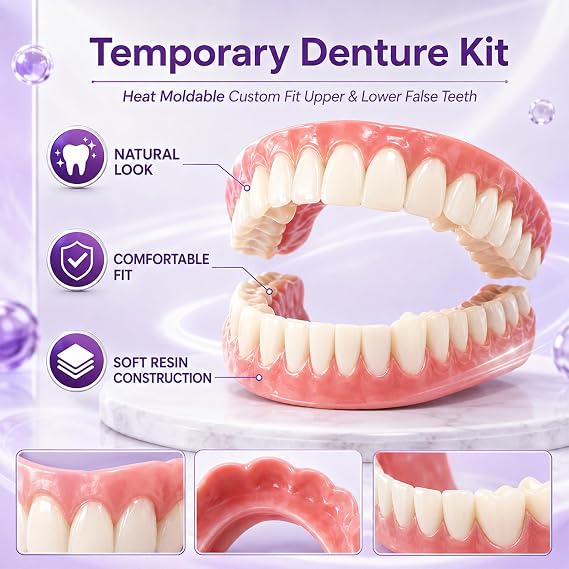 Temporary Denture Kit, Heat Moldable Custom Fit Upper & Lower False Teeth