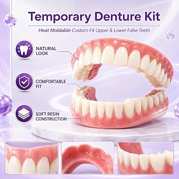 Temporary Denture Kit, Heat Moldable Custom Fit Upper & Lower False Teeth