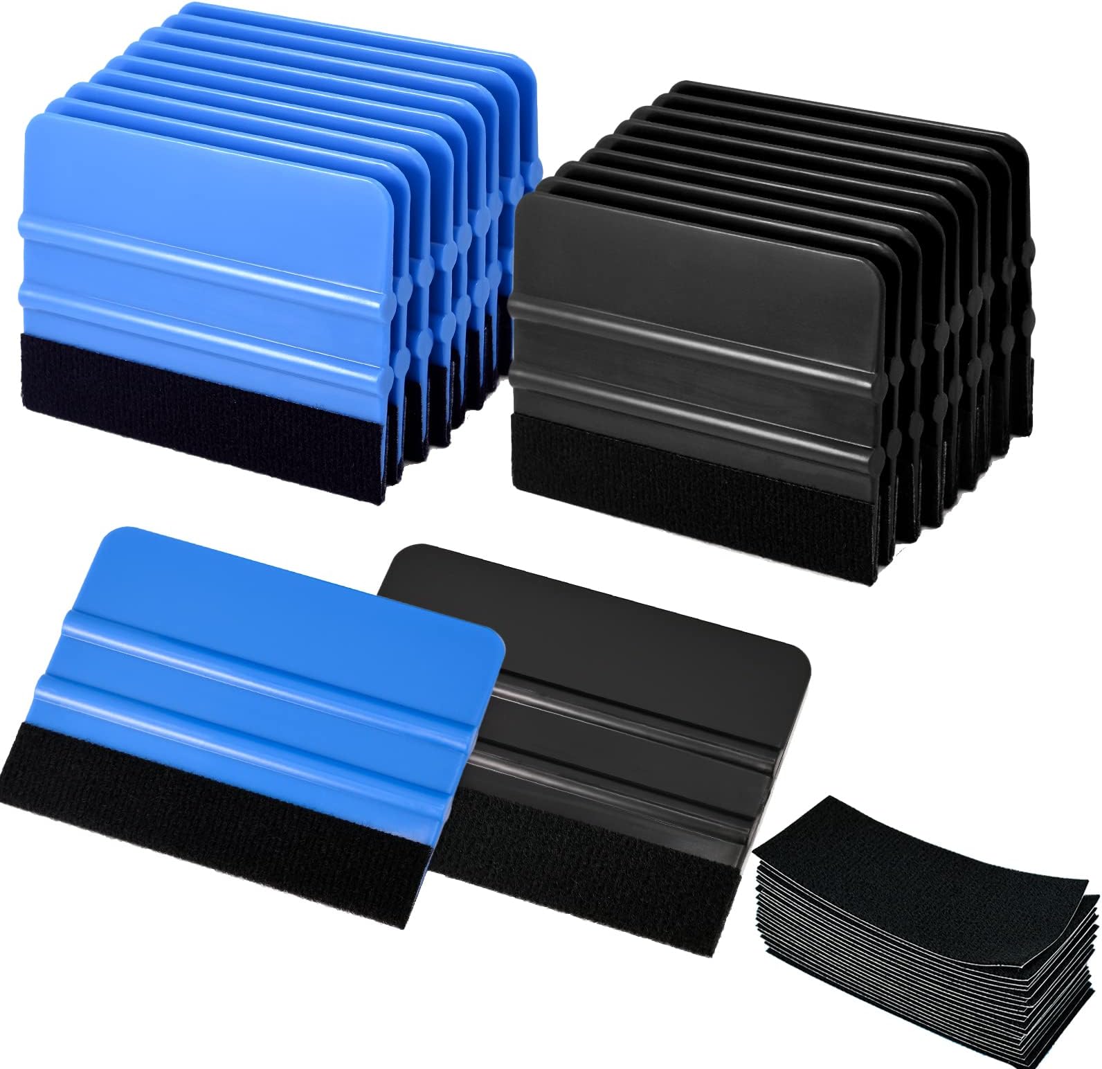 Gomake 20 Pack Vinyl Squeegee with 20PCS Felt Fabric for Tint Film Decal Squeegee Application Tool Vinyl Wrap Installation Wallpaper Smooth Tool (Black and Blue, 20)