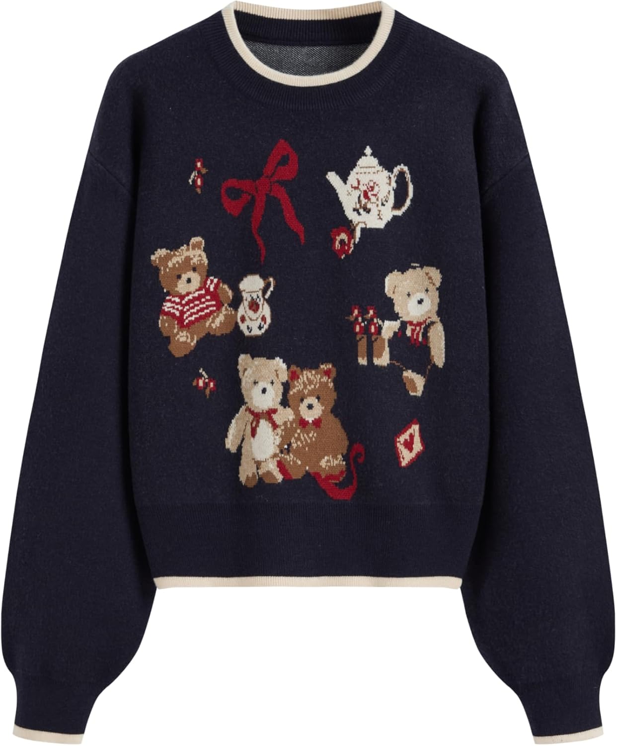 CIDER Women's Fall Sweaters Long Sleeve Cute Sweaters Bear Graphic Crewneck Soft Knit Casual Cropped Pullover