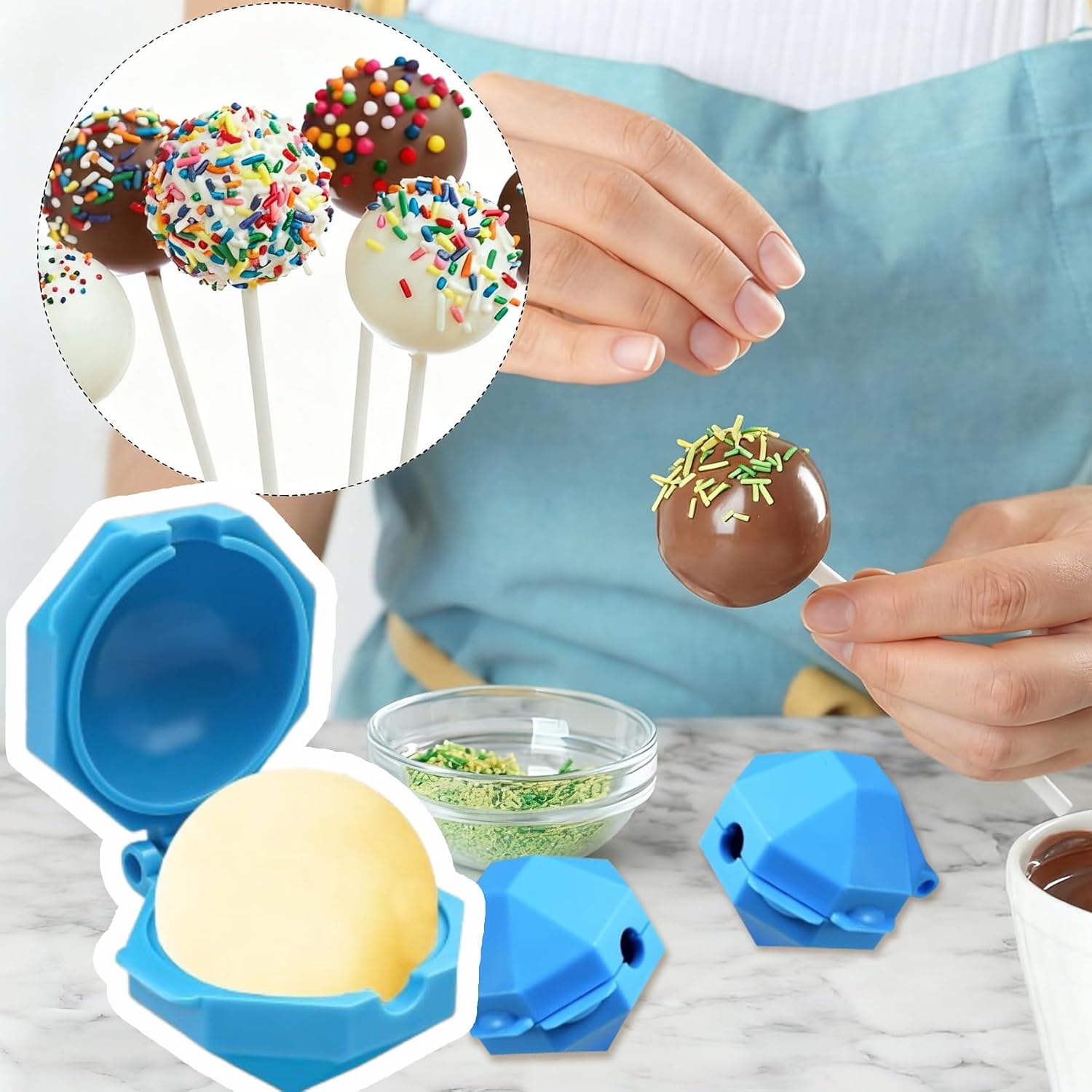 2PCS Round Cake Pop Molds, Easy-to-Make Round Cakes Ball Maker, Perfect 1.3" Cake Balls, Easy to Open, Fun Baking Tool for DIY Parties, Cakes Pops & Chocolates with Family & Bakers (Blue)